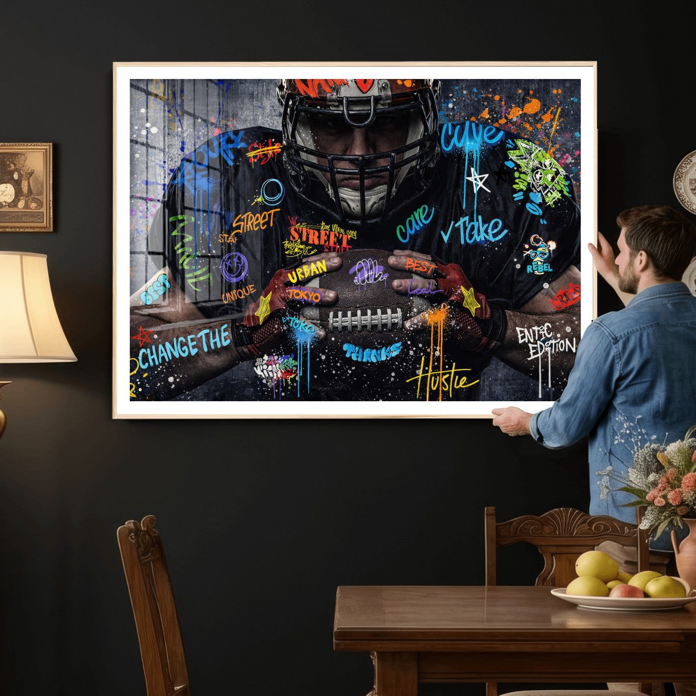 55267256-MGV-CV-36X24 - Graffiti American Football Player Street Art Wall Art Canvas Print, Urban Sports Pop Art Football Canvas Print, Modern Athletic Graffiti Contemporary Art Printing