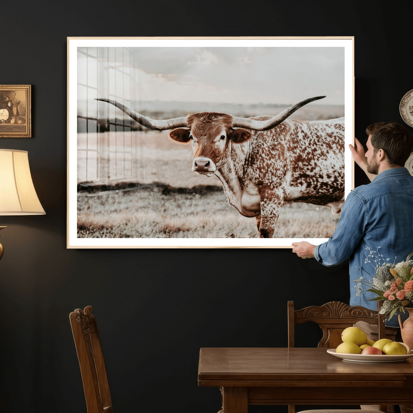 73897046-MGV-CV-36X24 - Texas Longhorn Bull Rustic Wall Art Canvas Print, Western Cattle Photography Canvas Print, Ranch Farm Animal Western Art Printing