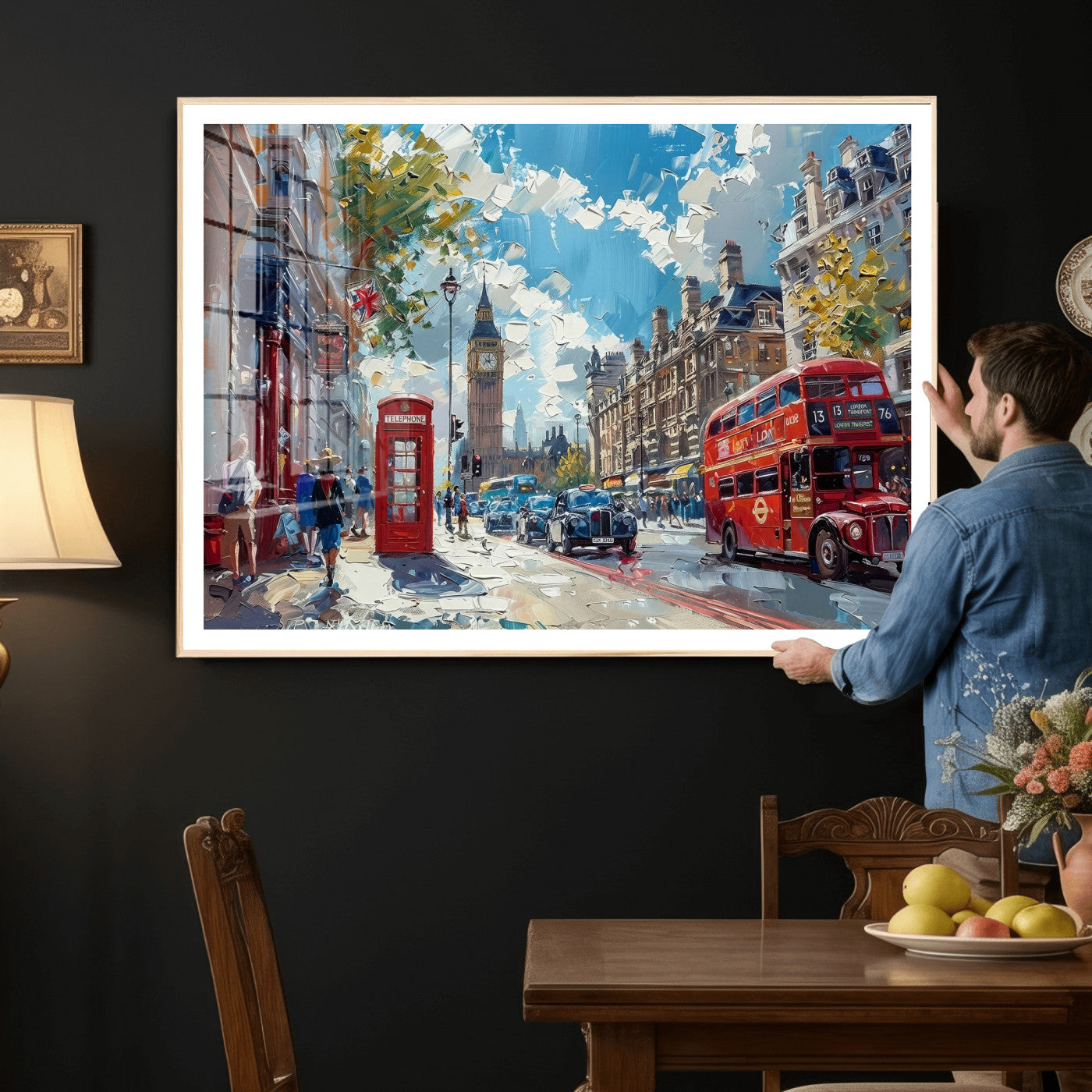 17630888-MGV-CV-36X24 - Modern London City Street Wall Art Canvas Print, Big Ben & Red Bus Artwork Canvas Print