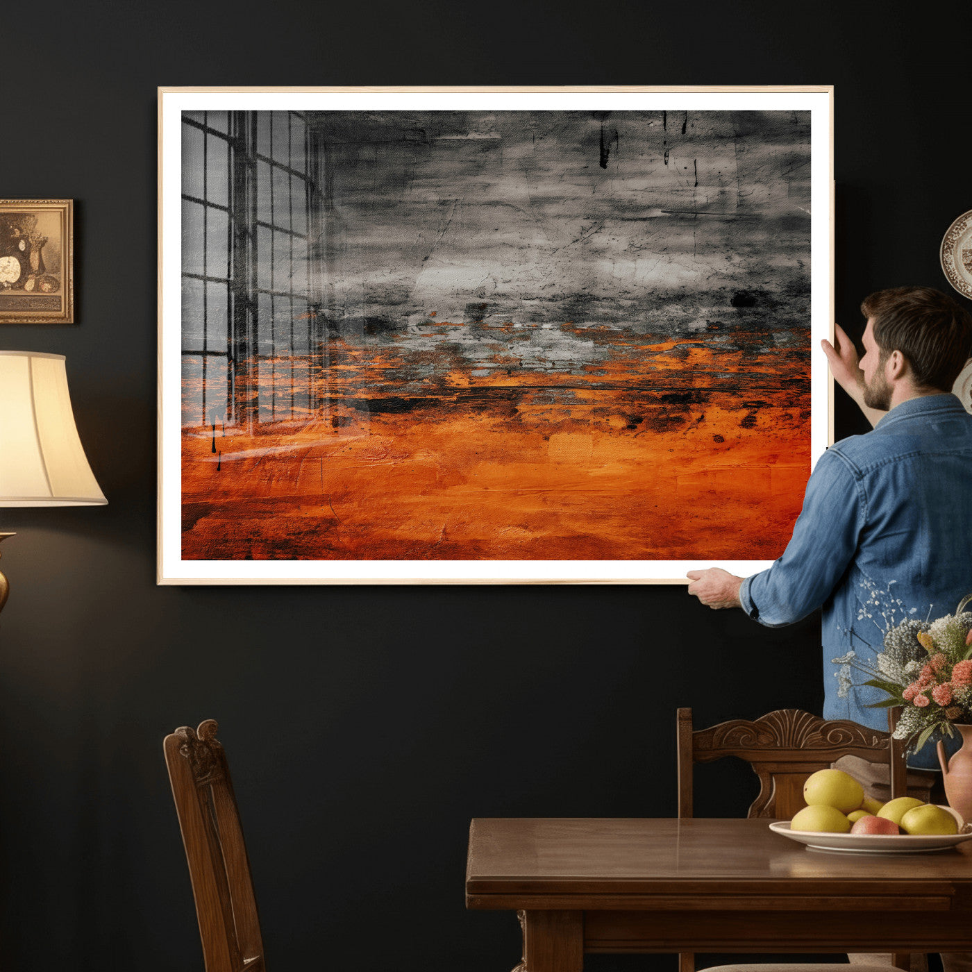 75409282-MGV-CV-36X24 - Black Orange Abstract Wall Art Canvas Print Modern Textured Painting Decor