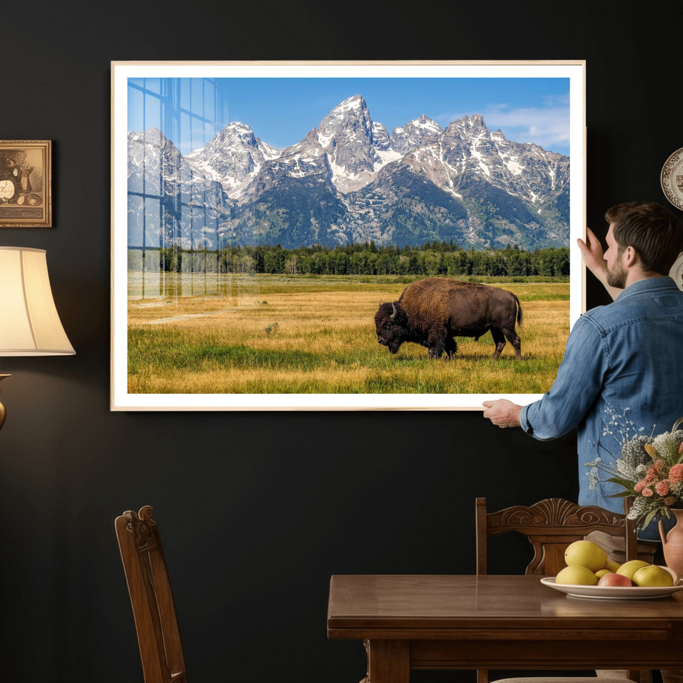 20424529-MGV-CV-36X24 - Bison in Mountain Landscape Wall Art Canvas Print – Western Wildlife Artwork for Rustic Living Room Decor