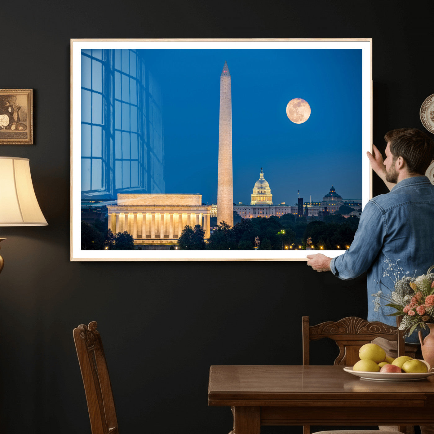 96712946-MGV-CV-36X24 - Washington DC Skyline Wall Art Canvas Print – Lincoln Memorial, Washington Monument and US Capitol Night Cityscape Artwork