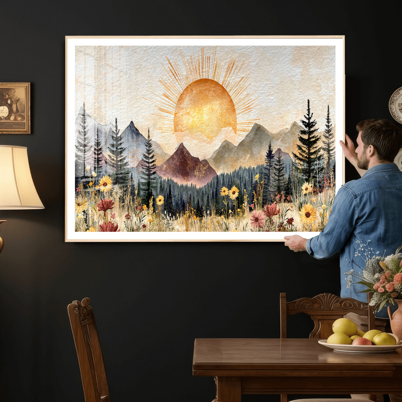 69025244-MGV-CV-36X24 - Boho Mountain Landscape Large Wall Art, Horizontal Gold Framed Canvas Print with Sun and Flowers