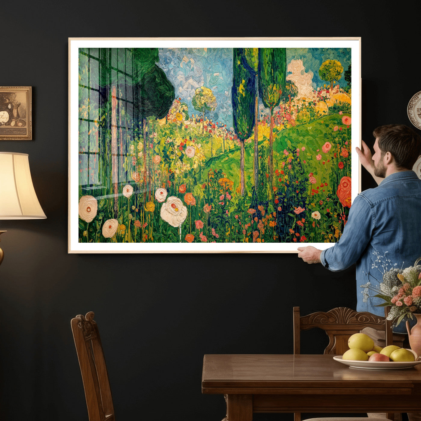 83517974-MGV-CV-36X24 - Gustav Klimt Boho Mountain Landscape Large Wall Art, Horizontal Gold Framed Canvas Print with Sun and Flowers