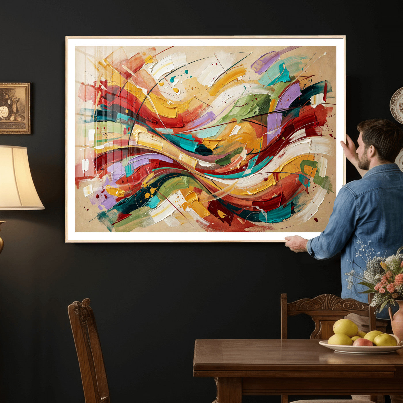 39887645-MGV-CV-36X24 - Geometric Abstract Wall Art Canvas Print, Orange Blue Abstract Expressionist Painting Print, Modern Geometric Abstract Canvas Art