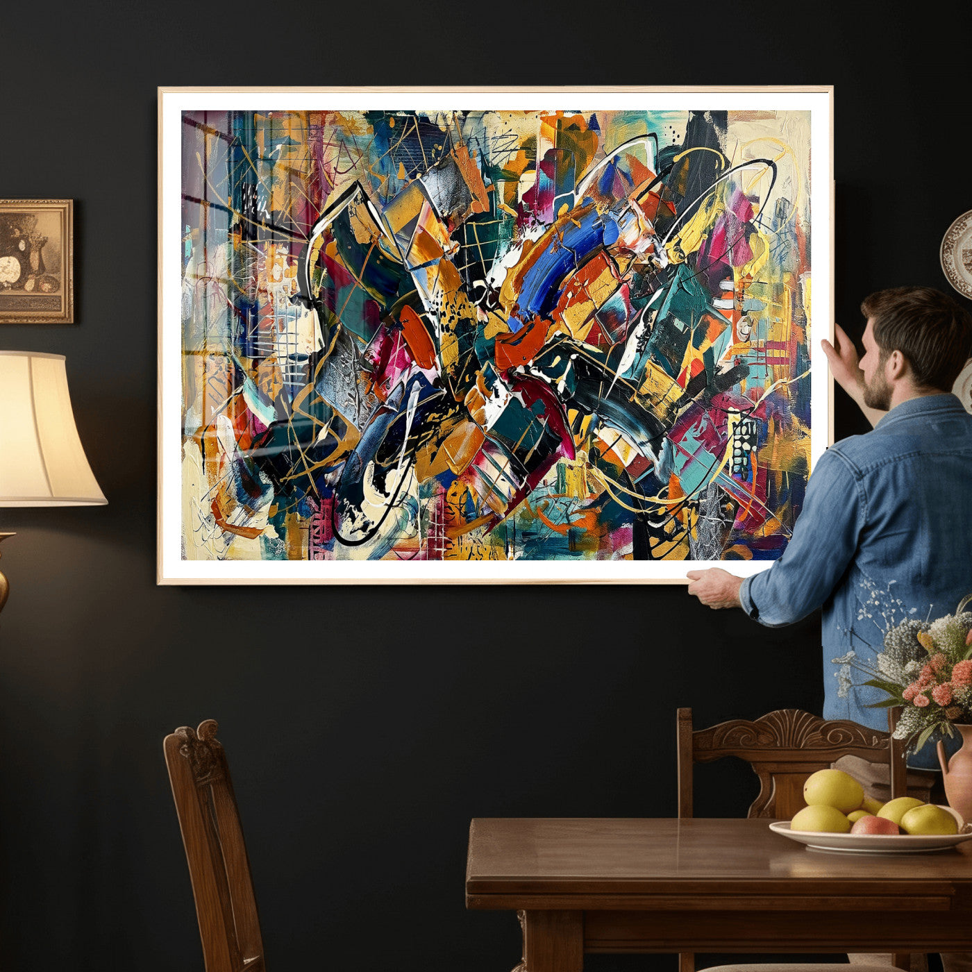 15525527-MGV-CV-36X24 - Geometric Abstract Wall Art Canvas Print, Orange Blue Abstract Expressionist Painting Print, Modern Geometric Abstract Canvas Art