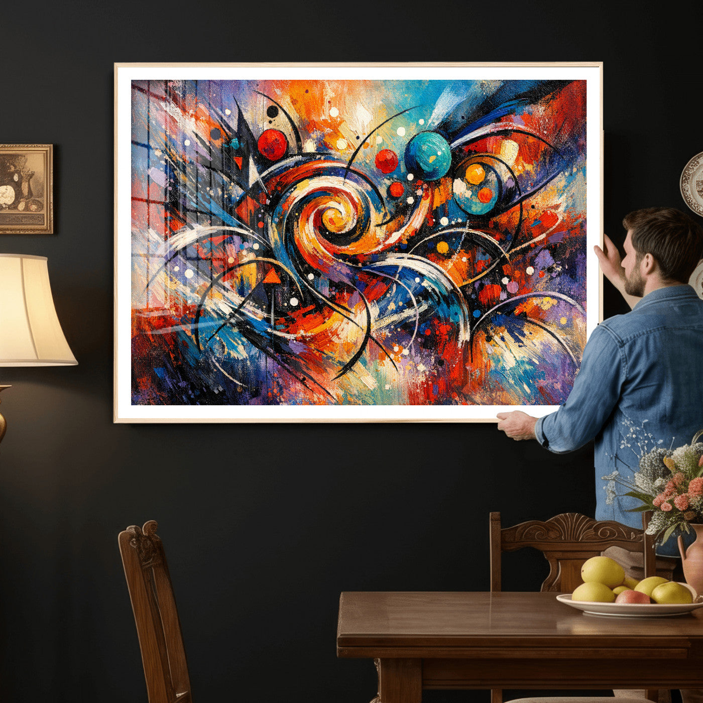 60193267-MGV-CV-36X24 - Geometric Abstract Wall Art Canvas Print, Orange Blue Abstract Expressionist Painting Print, Modern Geometric Abstract Canvas Art