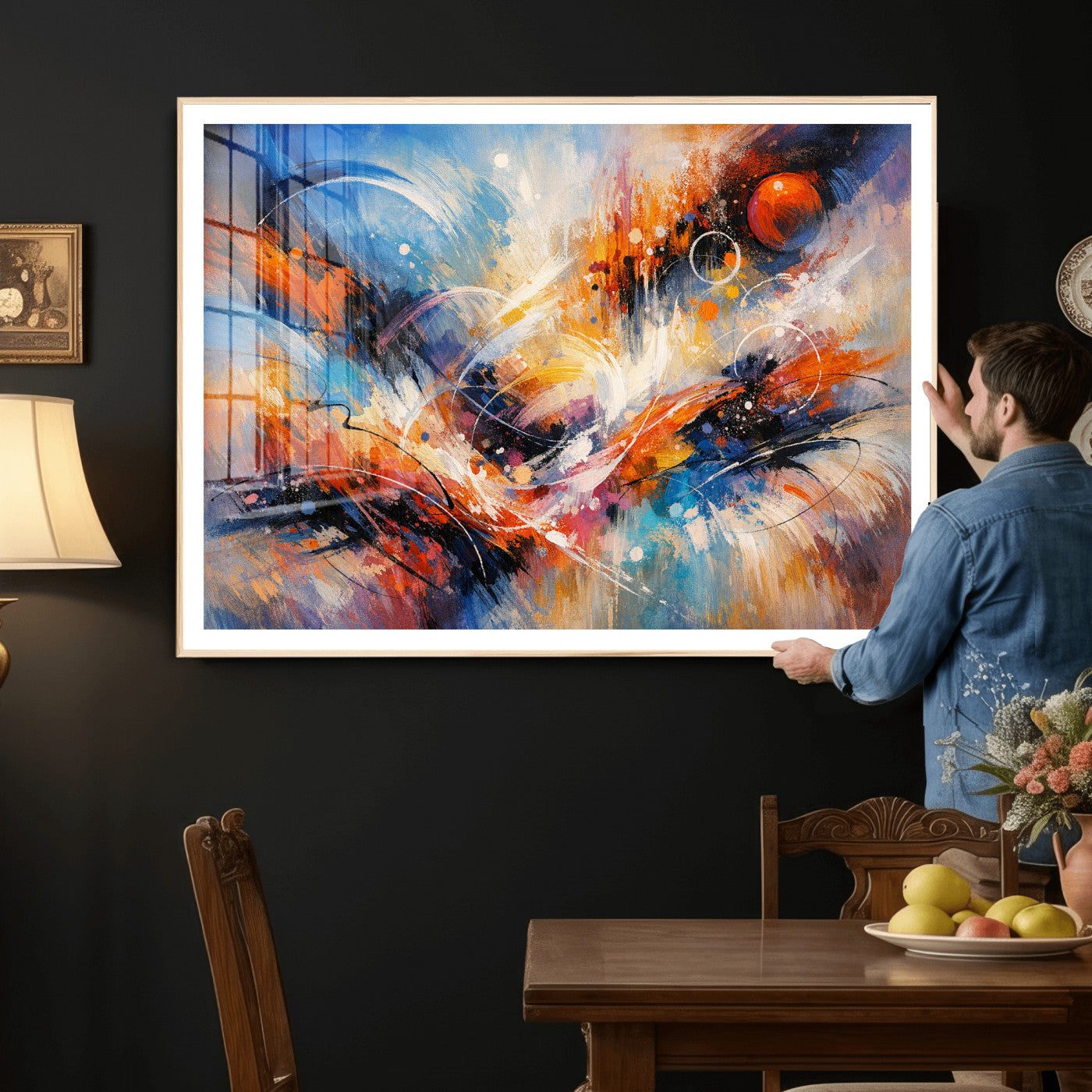 47770355-MGV-CV-36X24 - Geometric Abstract Wall Art Canvas Print, Orange Blue Abstract Expressionist Painting Print, Modern Geometric Abstract Canvas Art