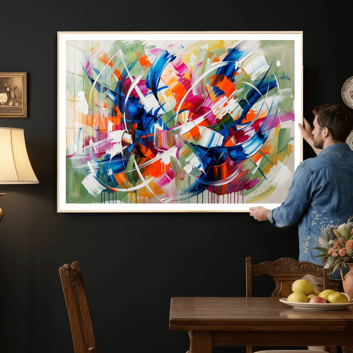 15032888-MGV-CV-36X24 - Geometric Abstract Wall Art Canvas Print, Orange Blue Abstract Expressionist Painting Print, Modern Geometric Abstract Canvas Art