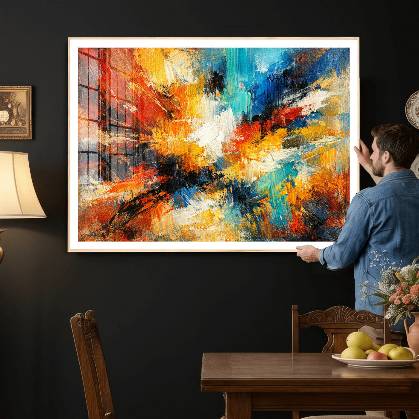 93167583-MGV-CV-36X24 - Geometric Abstract Wall Art Canvas Print, Orange Blue Abstract Expressionist Painting Print, Modern Geometric Abstract Canvas Art