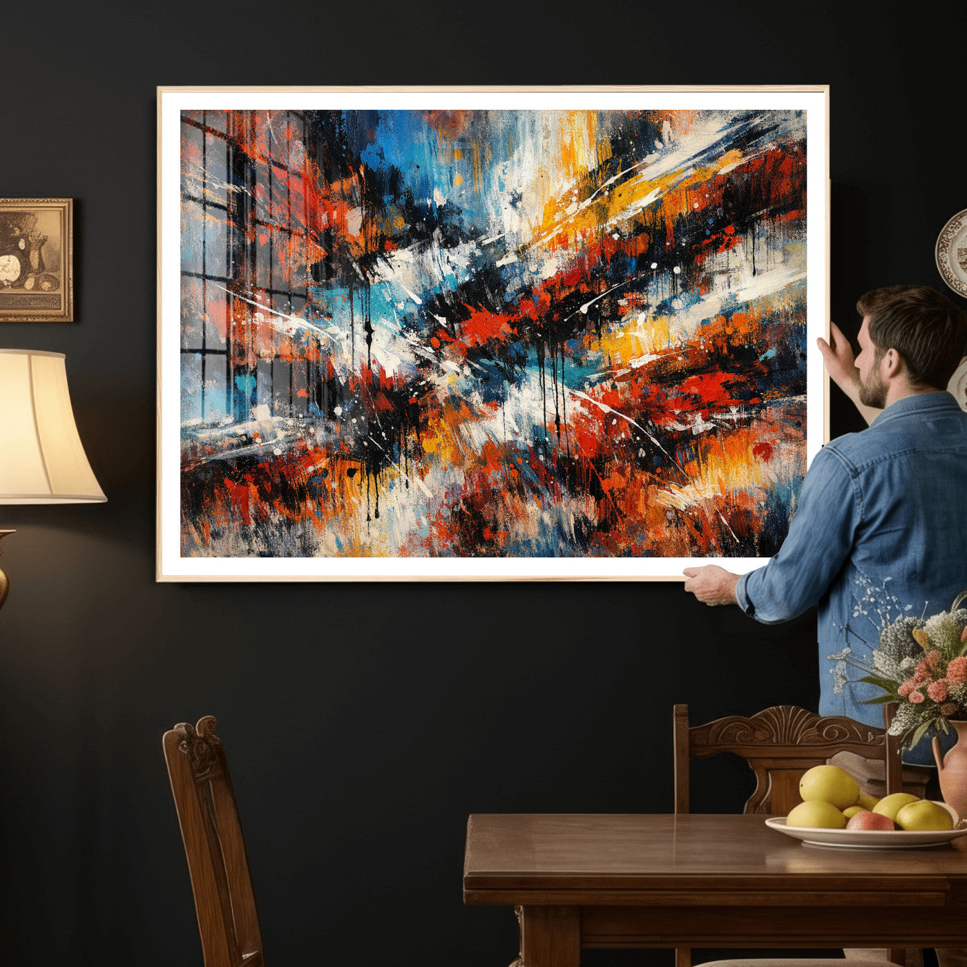 80276069-MGV-CV-36X24 - Geometric Abstract Wall Art Canvas Print, Orange Blue Abstract Expressionist Painting Print, Modern Geometric Abstract Canvas Art