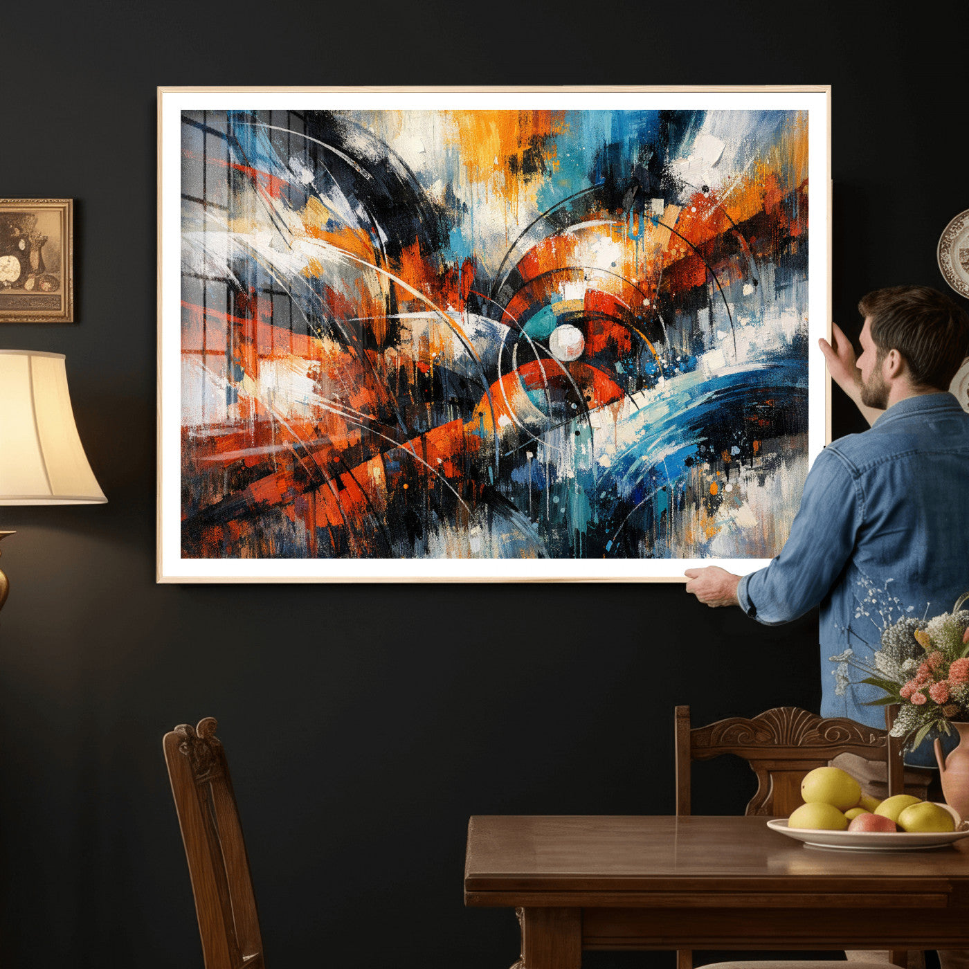 47120691-MGV-CV-36X24 - Geometric Abstract Wall Art Canvas Print, Orange Blue Abstract Expressionist Painting Print, Modern Geometric Abstract Canvas Art