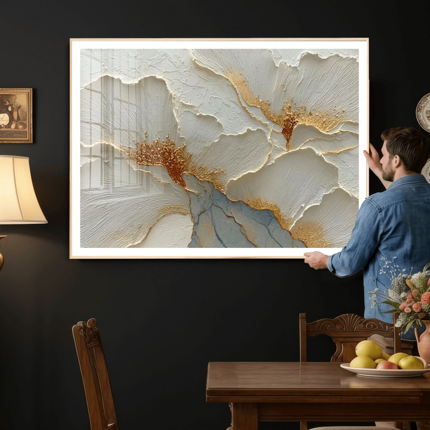 4712069F1-MGV-CV-36X24 - White Gold Floral Canvas Wall Art — Textured Flower Print | Luxury Botanical Decor | Elegant Bedroom Art | Gold Leaf Wall Art Gift