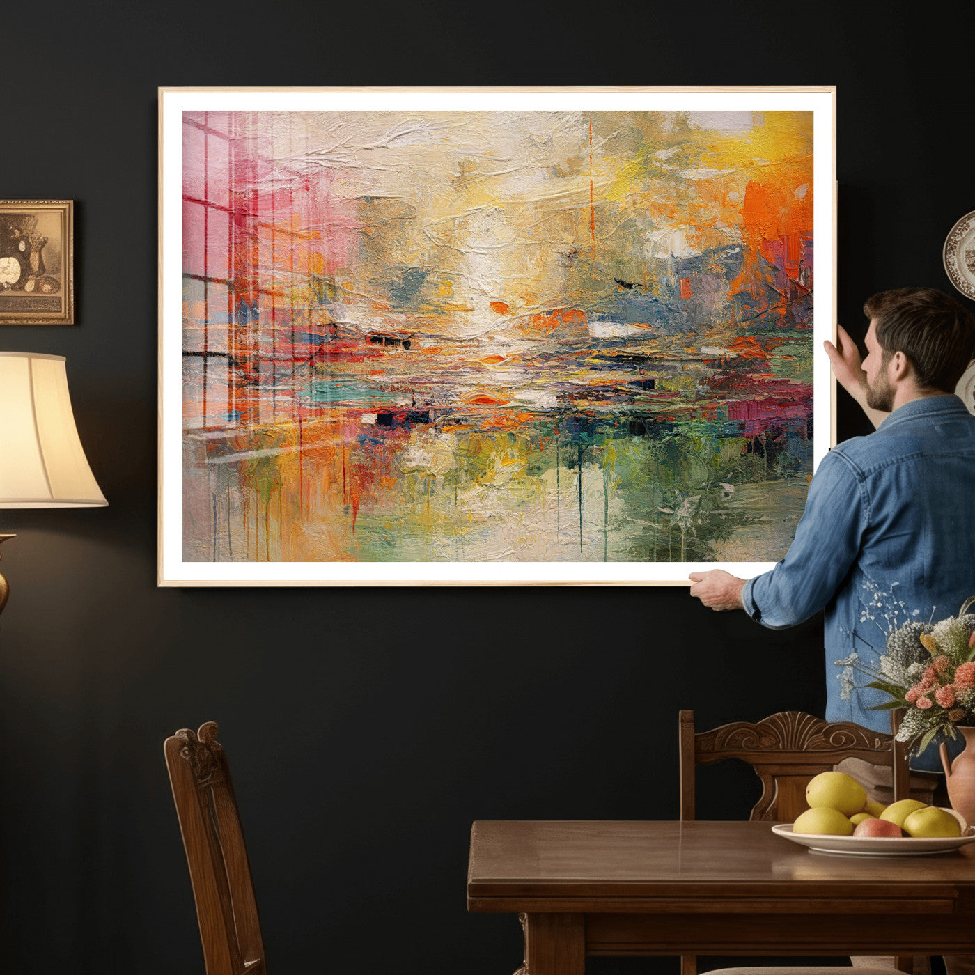 4712069P1-MGV-CV-36X24 - Colorful Abstract Canvas Wall Art — Large Textured Oil Painting Style Print | Orange Red Boho Wall Decor | Modern Living Room Art | Bold Wall Art