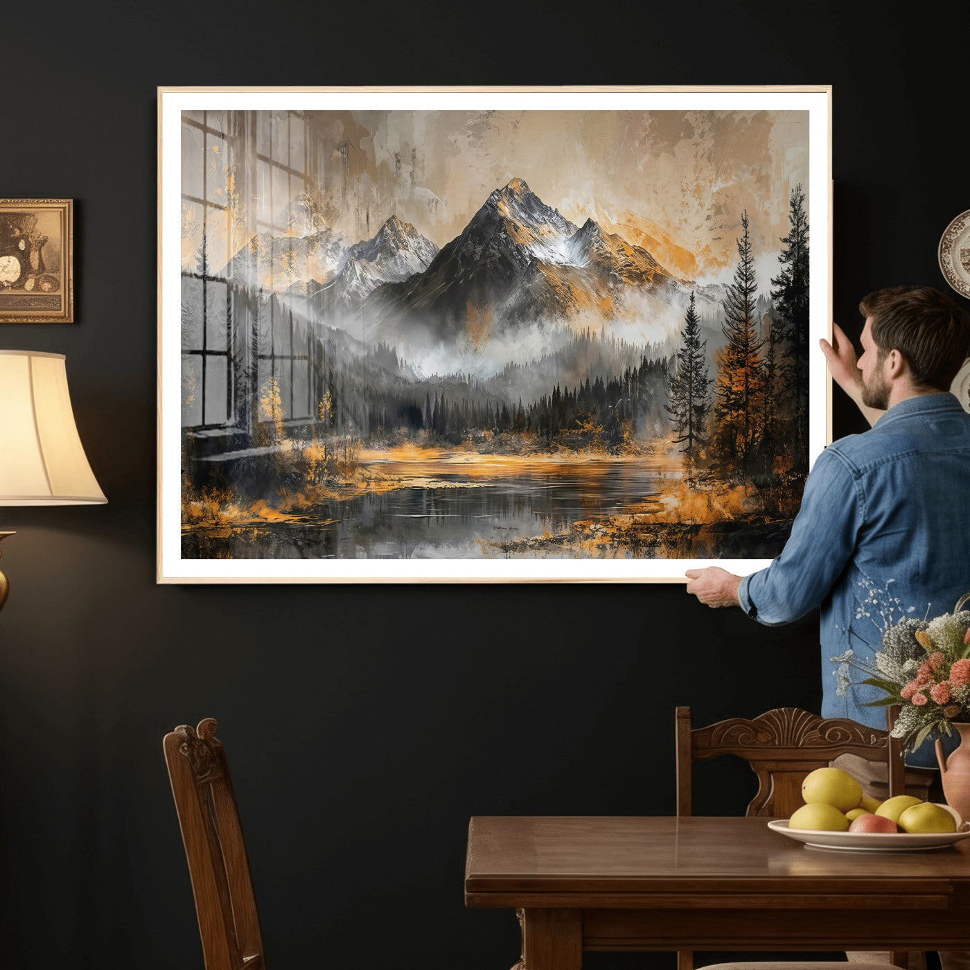 4712069D1-MGV-CV-36X24 - Mountain Lake Canvas Wall Art — Rustic Forest Landscape Print | Gold Grey Nature Decor | Cabin Wall Art | Large Wilderness Art Print Gift
