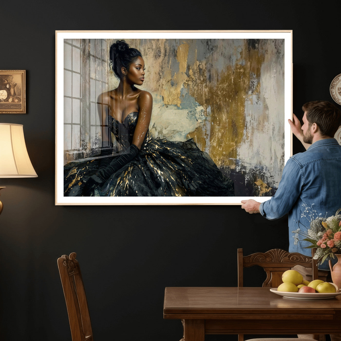 4712069Z1-MGV-CV-36X24 - Elegant Woman Canvas Wall Art — Black Gold Gown Fashion Print | Luxury Glam Wall Decor | African American Art | Bold Bedroom Wall Art Gift