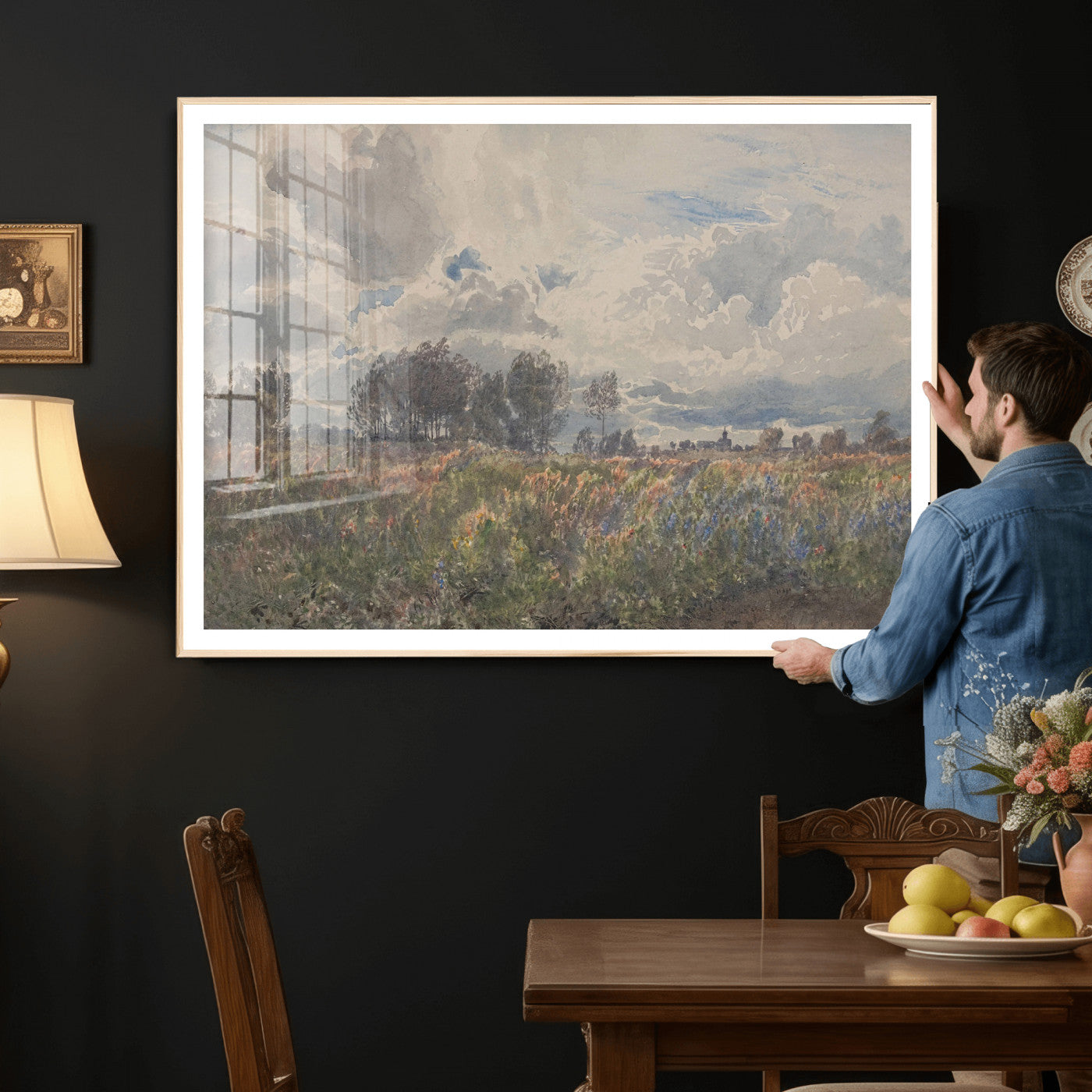 76626885-MGV-CV-36X24 - Vintage Watercolor Meadow Canvas Wall Art — English Pastoral Wildflower Storm Sky Print | Cottagecore Nature Decor | Classic Landscape Gift