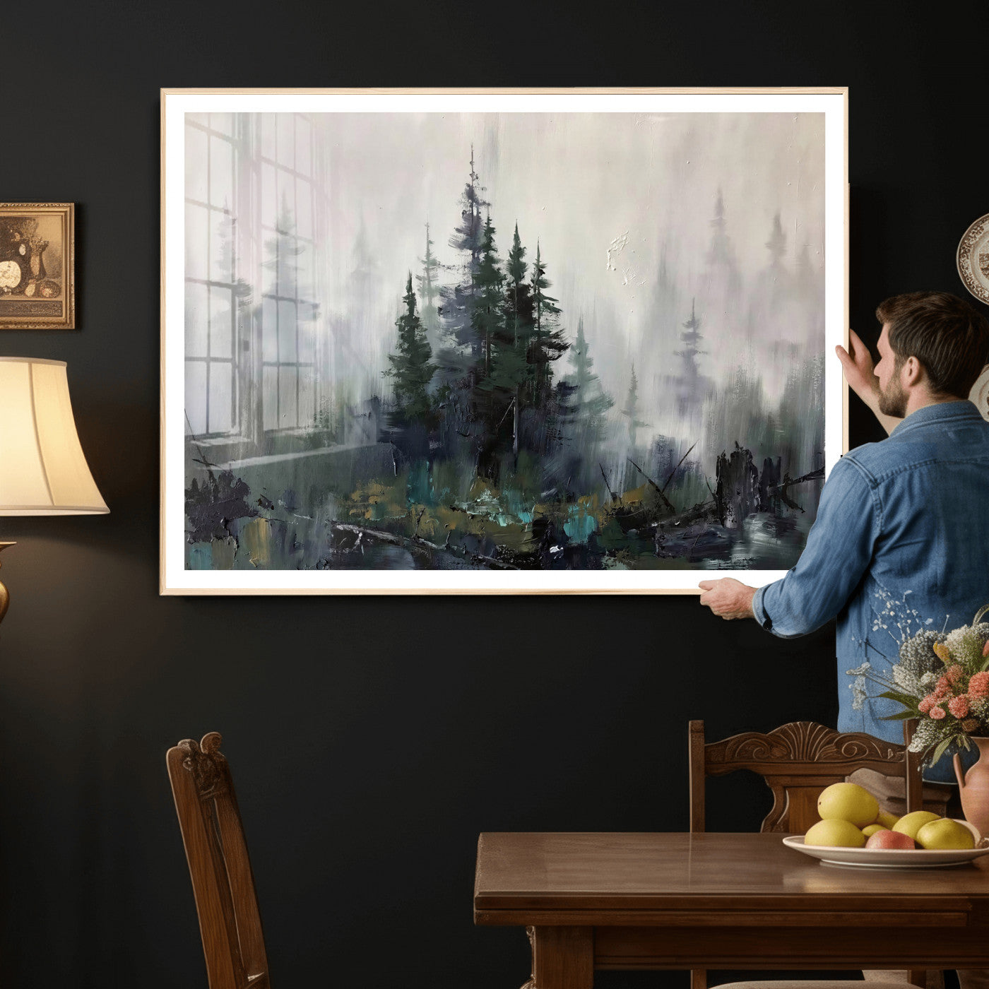 94143325-MGV-CV-36X24 - Misty Pine Forest Oil Painting Canvas — Dark Moody Teal Grey Tree Print | Japandi Scandinavian Wall Art | Minimalist Nature Decor Gift