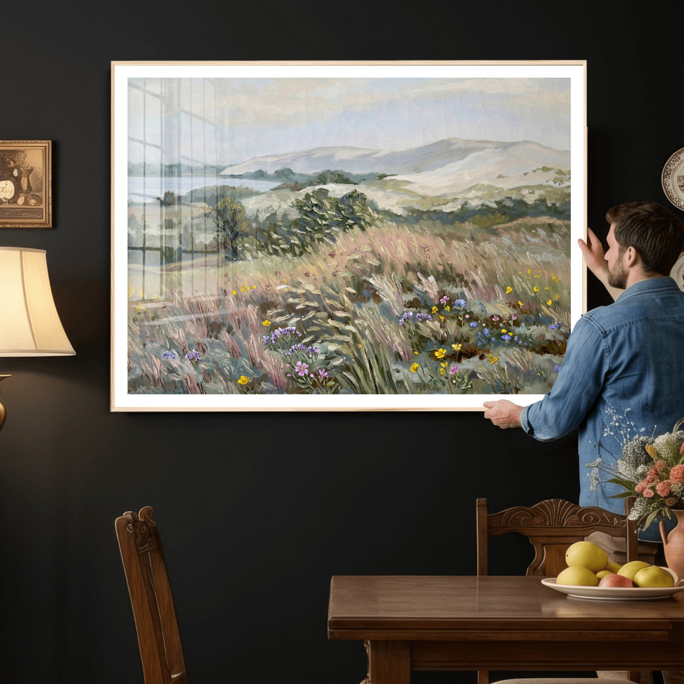 18013232-MGV-CV-36X24 - Katie Staples Hillside Canvas Wall Art — Coastal Wildflower Dune Oil Painting Print | Muted Green Nature Decor | Plein Air Landscape Gift
