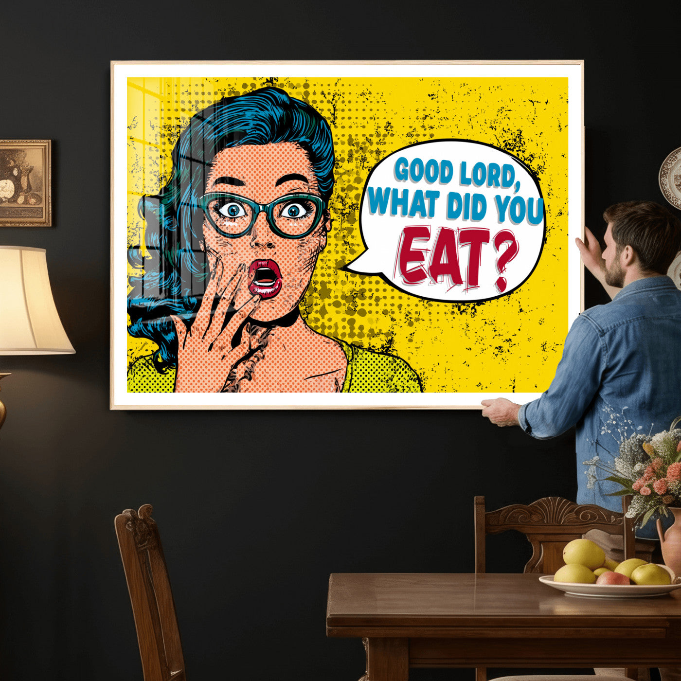 88217969-MGV-CV-36X24 - Pop Art Print Bathroom Sign Wall Art Canvas Print — Funny Bathroom Canvas | Comic Style Toilet Wall Decor | Humor Gift | Yellow Bold Bathroom Art