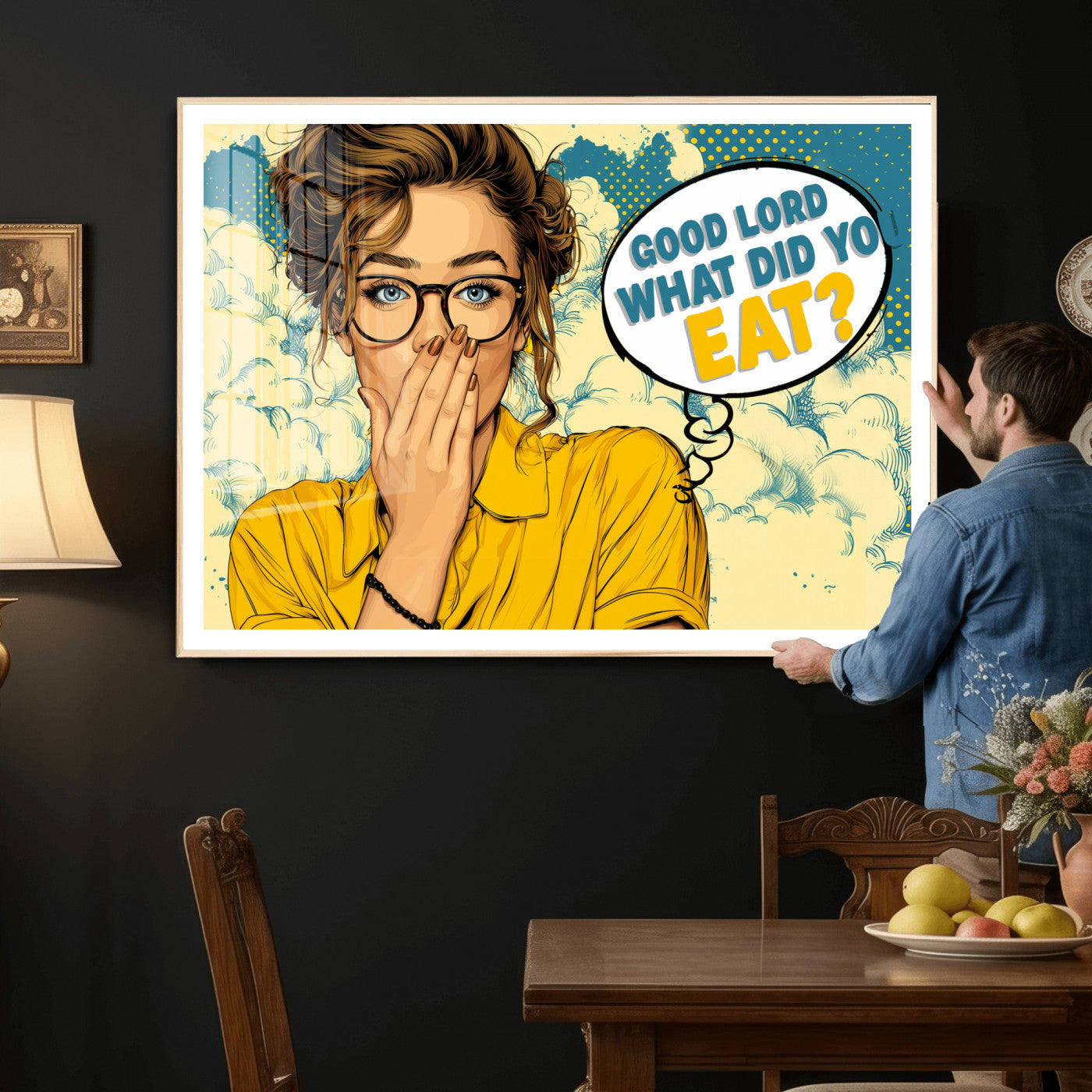 35819669-MGV-CV-36X24 - Pop Art Print Bathroom Sign Wall Art Canvas Print — Funny Bathroom Canvas | Comic Style Toilet Wall Decor | Humor Gift | Yellow Bold Bathroom Art