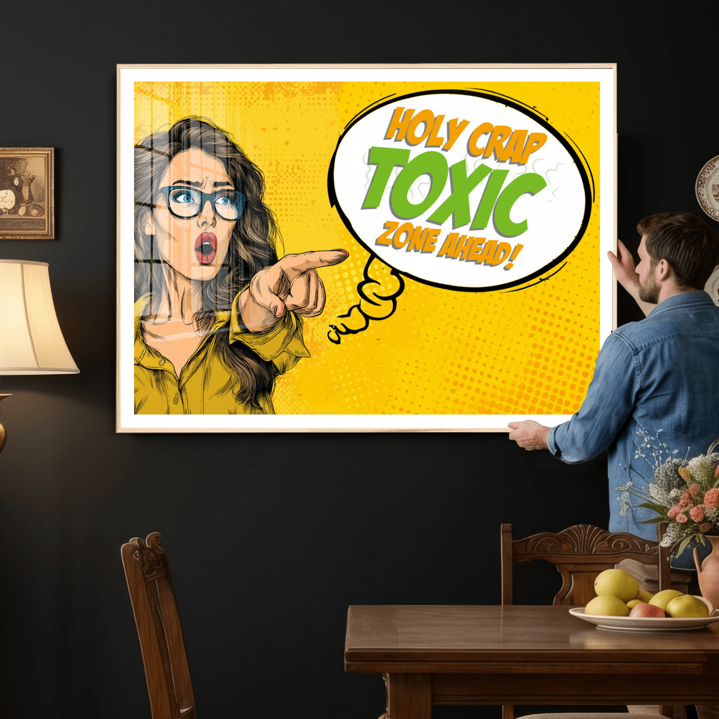 79156505-MGV-CV-36X24 - Pop Art Print Bathroom Sign Wall Art Canvas Print — Funny Bathroom Canvas | Comic Style Toilet Wall Decor | Humor Gift | Yellow Bold Bathroom Art