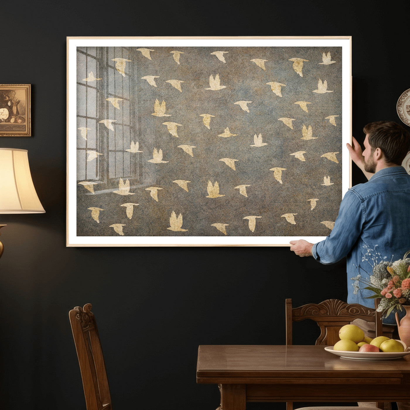 74076164-MGV-CV-36X24 - Flying Birds Canvas Wall Art, Vintage Bird Flock Pattern Print, Grey Gold Abstract Nature Decor, Rustic Bird Silhouette Art, Boho Living Room Decor