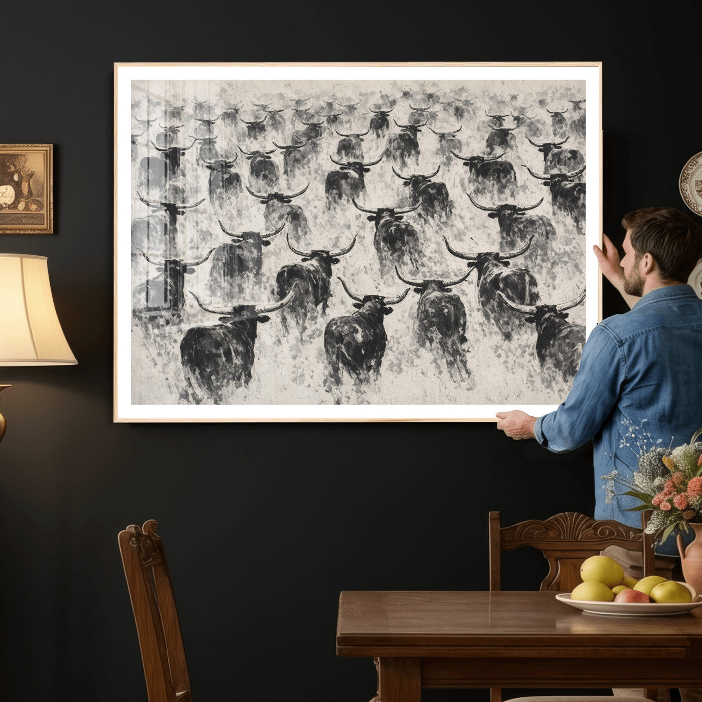 73328525-MGV-CV-36X24 - Texas Longhorn Drawing Canvas Wall Art, Western Cattle Stampede Painting Print, Warm Amber Ranch Decor, Rustic Cowboy Home Art, Large Living Room Decor