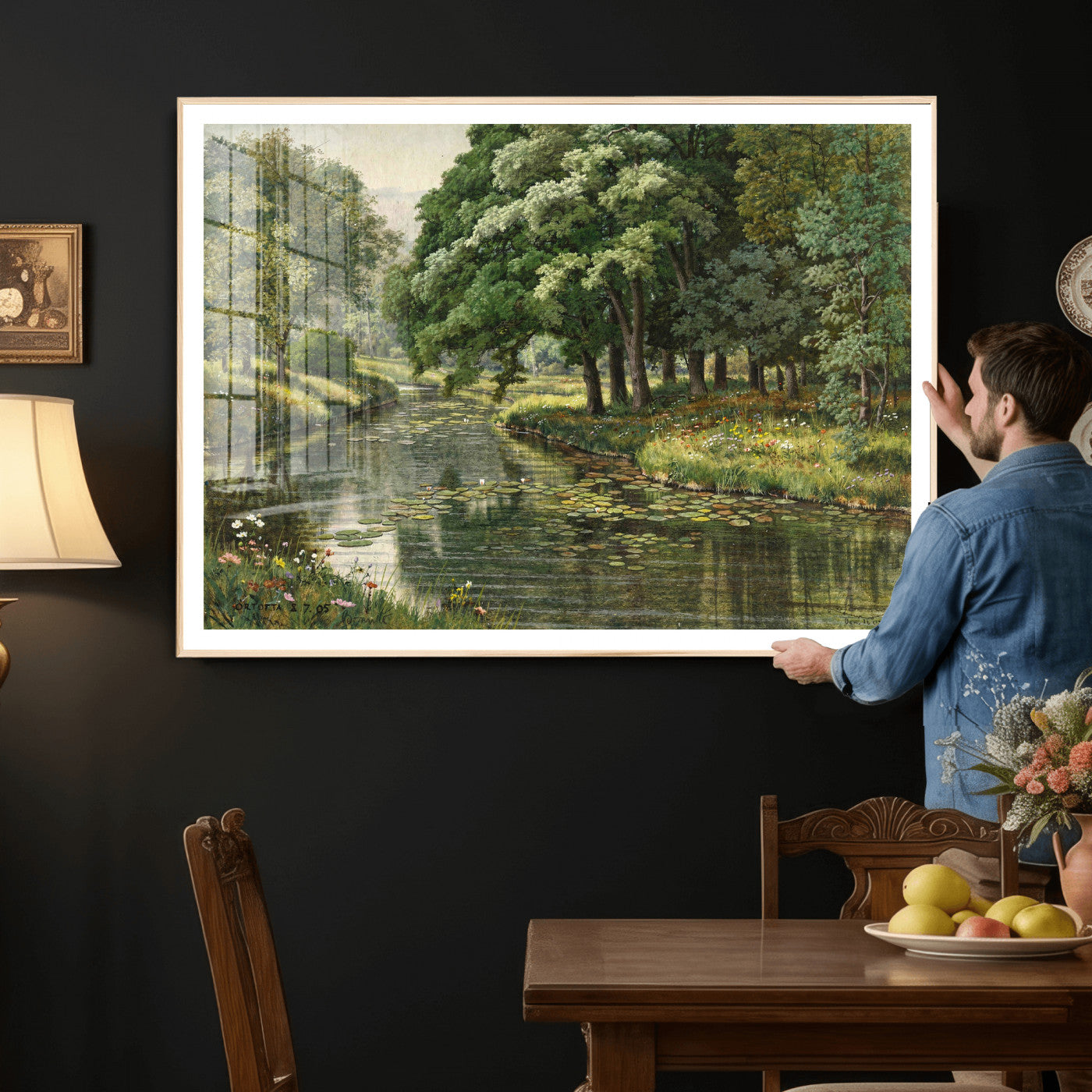 44288560-MGV-CV-36X24 - Forest Stream Canvas Wall Art, Peder Monsted A Forest Stream 1905 Print, Danish Realist Landscape, Lily Pad River Nature Decor, Vintage Green Painting