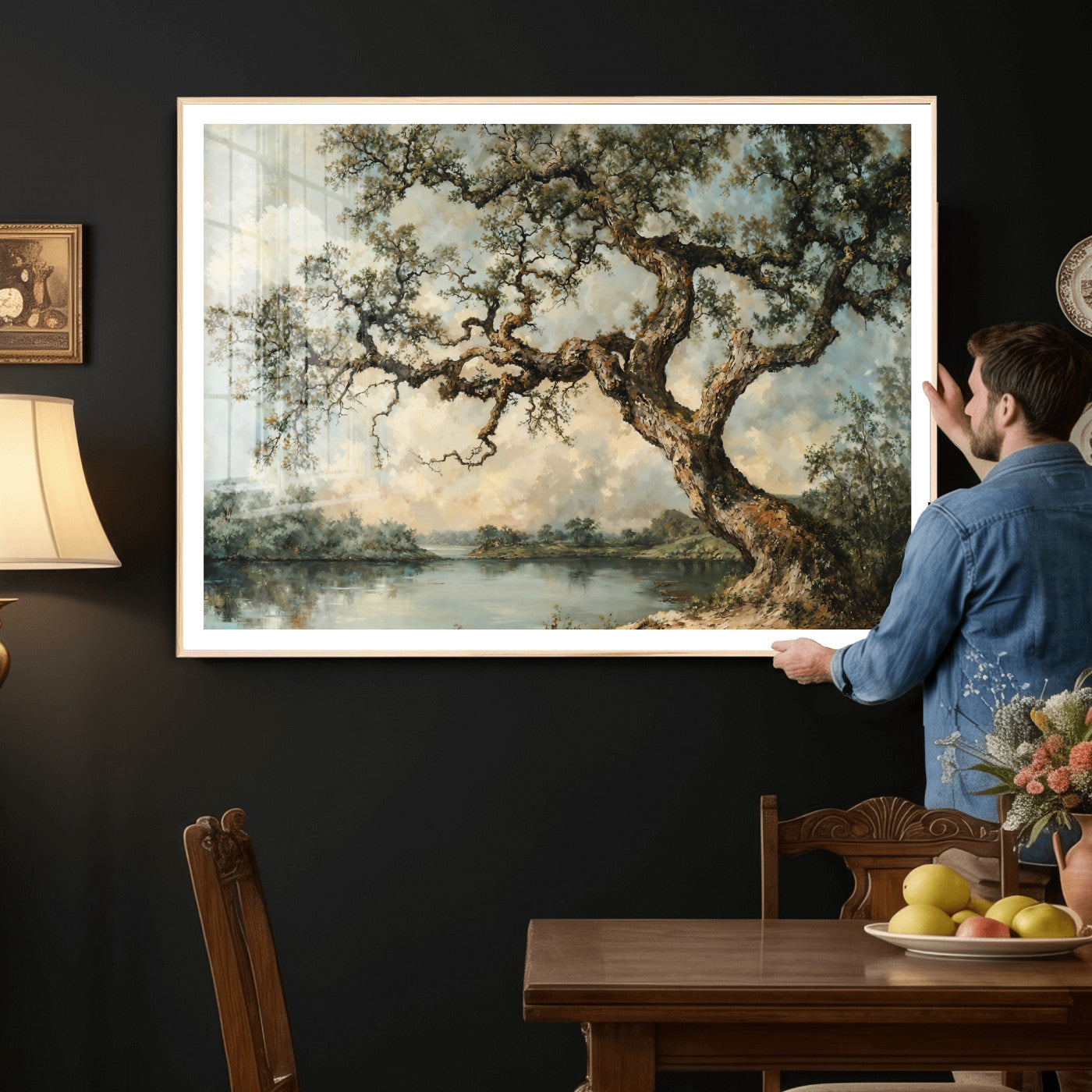 63857726-MGV-CV-36X24 - Old Oak Tree Canvas Wall Art, Turner Inspired Romantic Landscape Print, Vintage Nature Painting, Living Room Wall Decor, Antique Style Tree Art