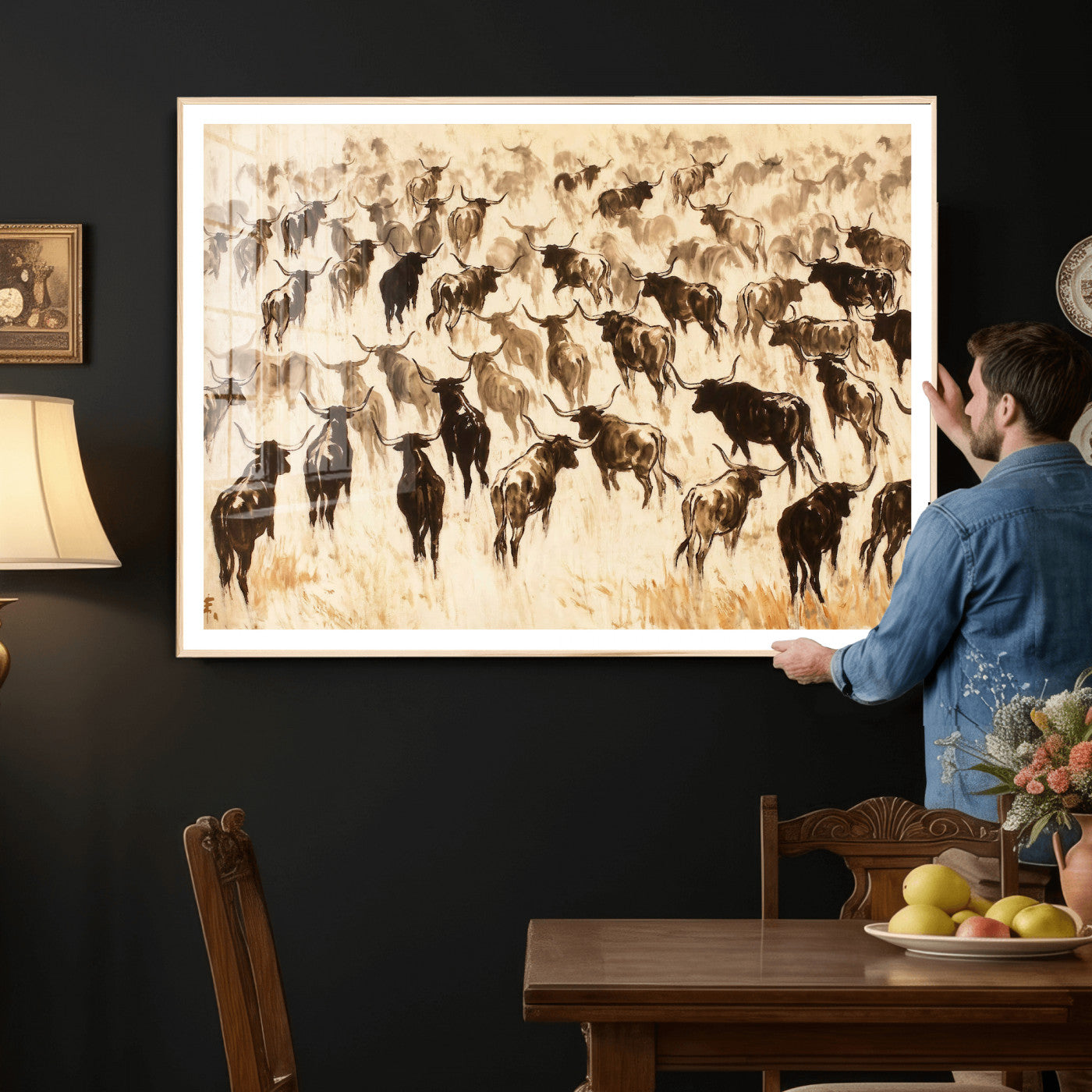 39077774-MGV-CV-36X24 - Texas Longhorn Sepia Canvas Wall Art, Western Cattle Stampede Painting Print, Warm Amber Ranch Decor, Rustic Cowboy Home Art, Large Living Room Decor