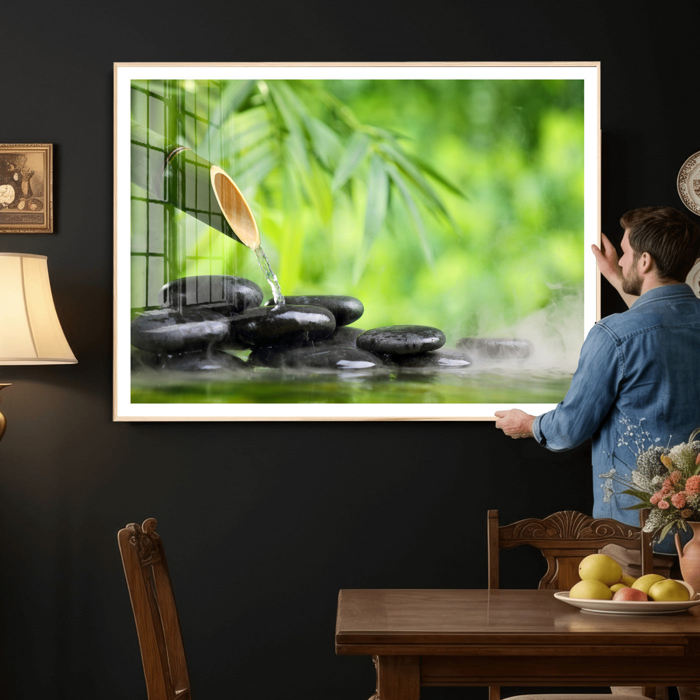 26961320-MGV-CV-36X24 - Bamboo Water Flow Black Stone Canvas | Zen Spa Nature Photography Print | Green Mist Japanese Garden Wall Art | Tranquil Decor