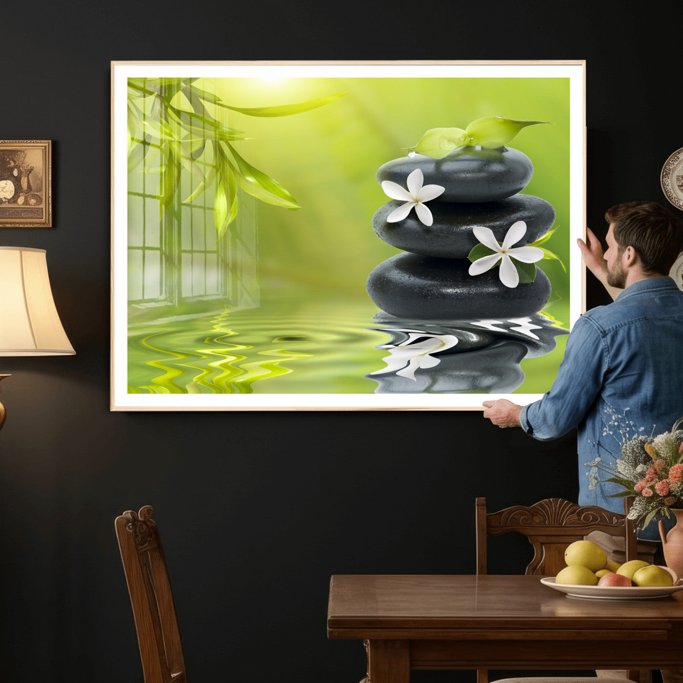 51106626-MGV-CV-36X24 - Plumeria Frangipani Black Stone Canvas | White Flower Spa Photography Print | Tropical Zen Wall Art | Grey Pebble Floral for Meditation Yoga Room Decor