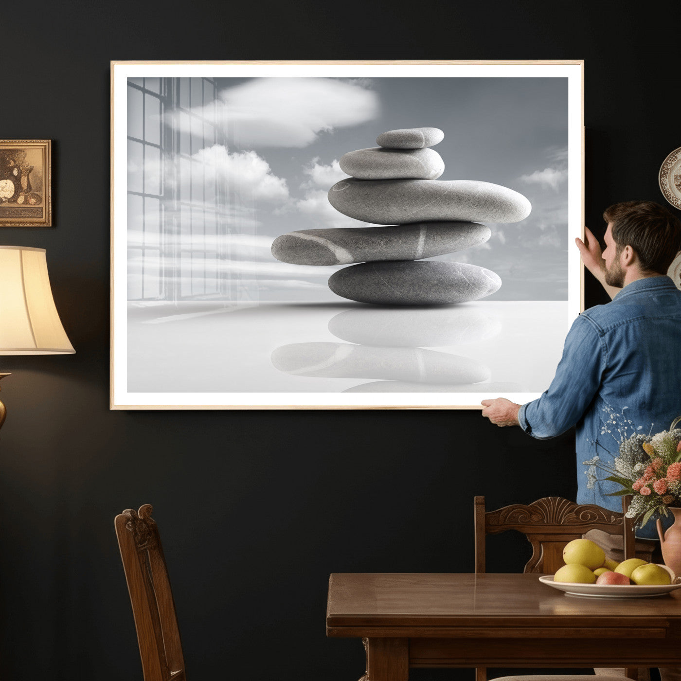 86426188-MGV-CV-36X24 - Zen Stone Wall Art Canvas Print, Balanced Rock Stack Framed Spa Artwork, Minimalist Meditation Decor for Living Room Bedroom Office Bathroom