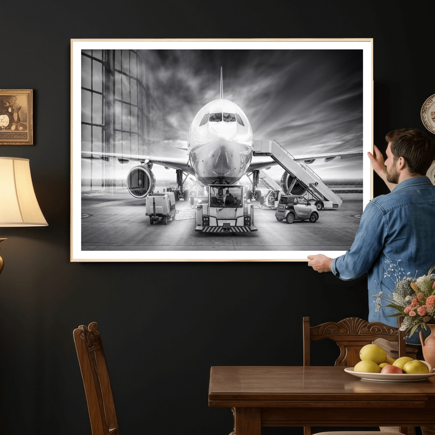 85885848-MGV-CV-36X24 - Airplane Wall Art Canvas Print, Black and White Jet Aircraft Airport Runway Framed Aviation Artwork for Pilot Office Hangar Travel Decor