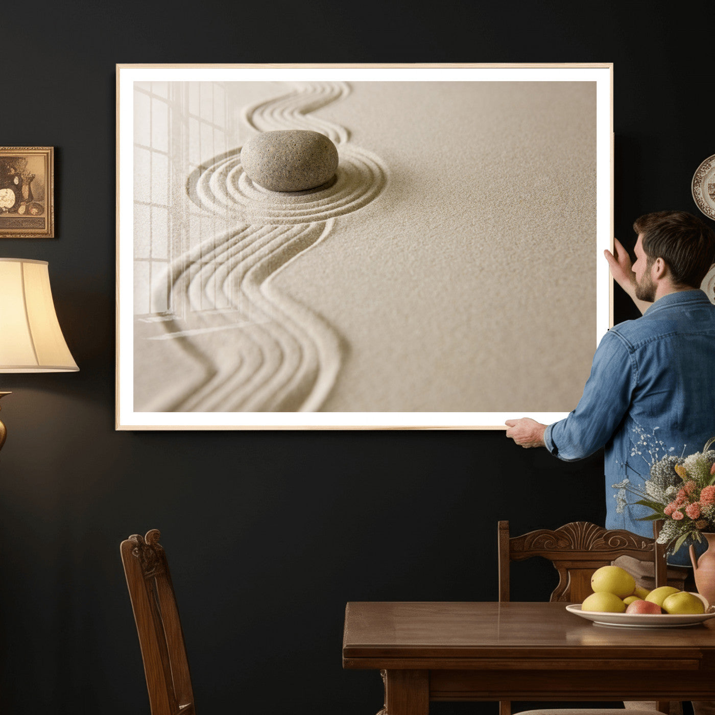 66852661-MGV-CV-36X24 - Zen Garden Stone Sand Canvas | Japanese Rock Garden Wall Art | Minimalist Meditation Print | Neutral Beige Mindfulness Decor