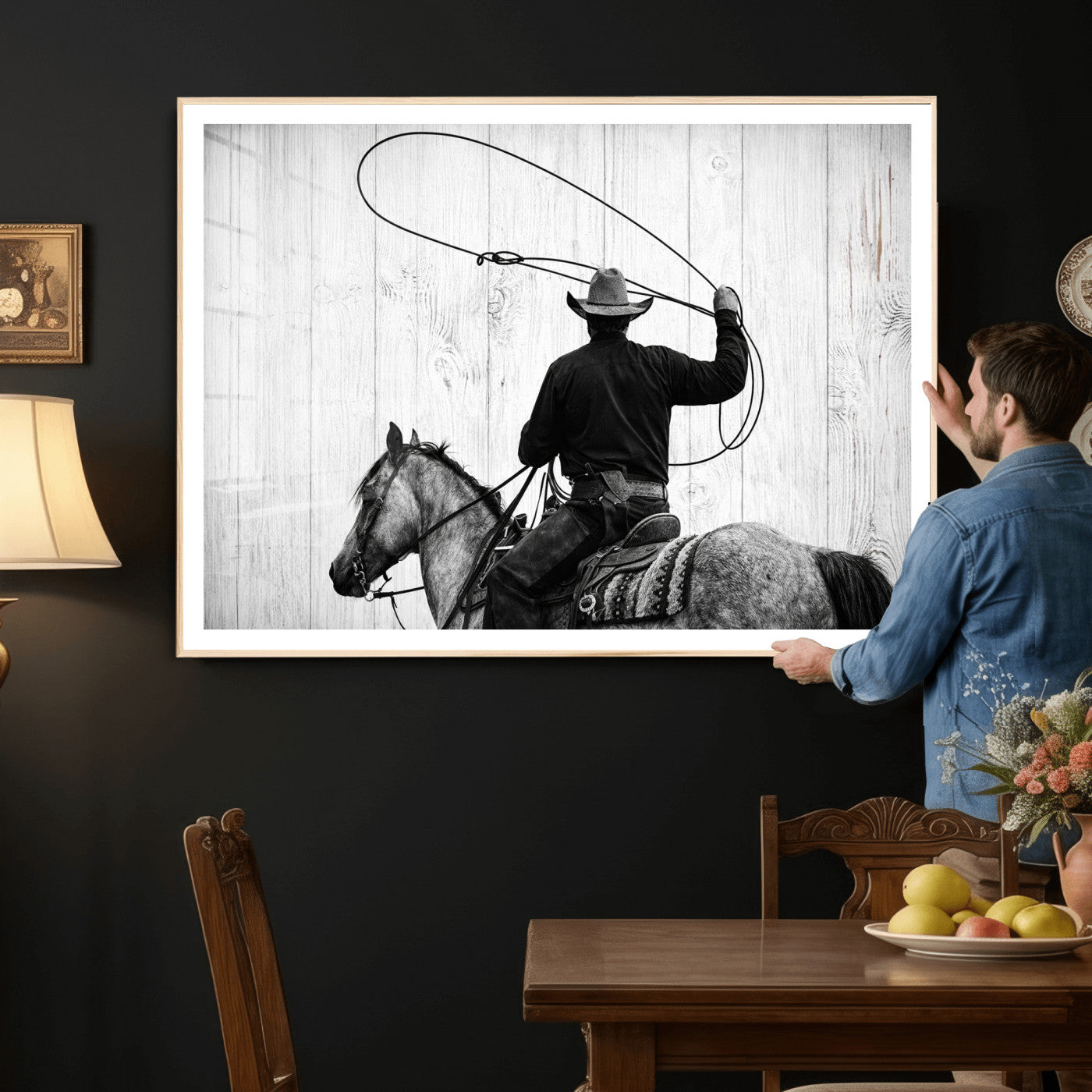22569358-MGV-CV-36X24 - Cowboy Lasso Canvas Wall Art, Black White Western Horse Photo Print, Rustic Ranch Rodeo Decor, Farmhouse Western Art, Cowboy Gift for Him