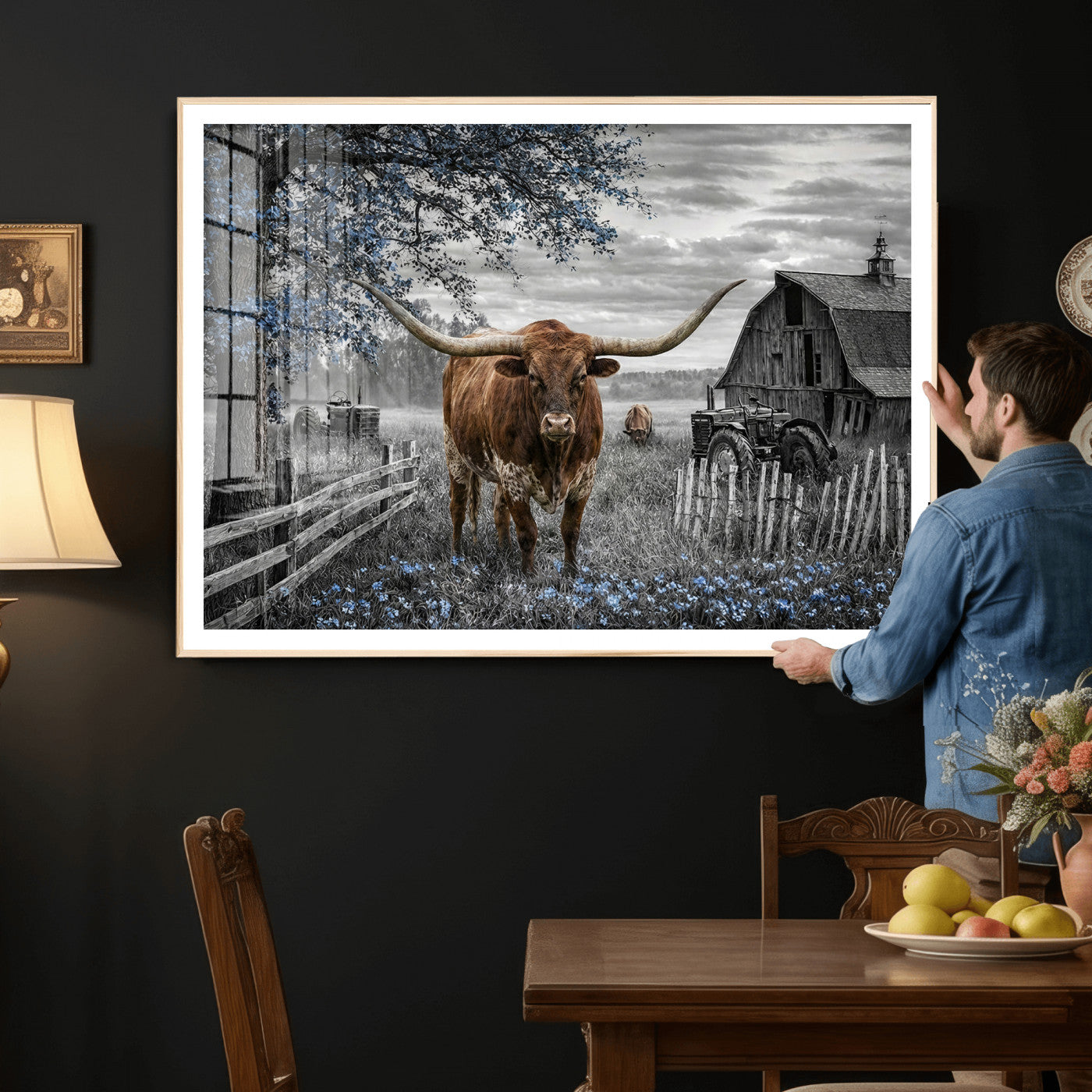 19366343-MGV-CV-36X24 - Texas Longhorn Canvas Wall Art, Rustic Farm Barn Bluebonnet Photography Print, Farmhouse Country Decor, Western Ranch Art, Old Truck Tractor Print