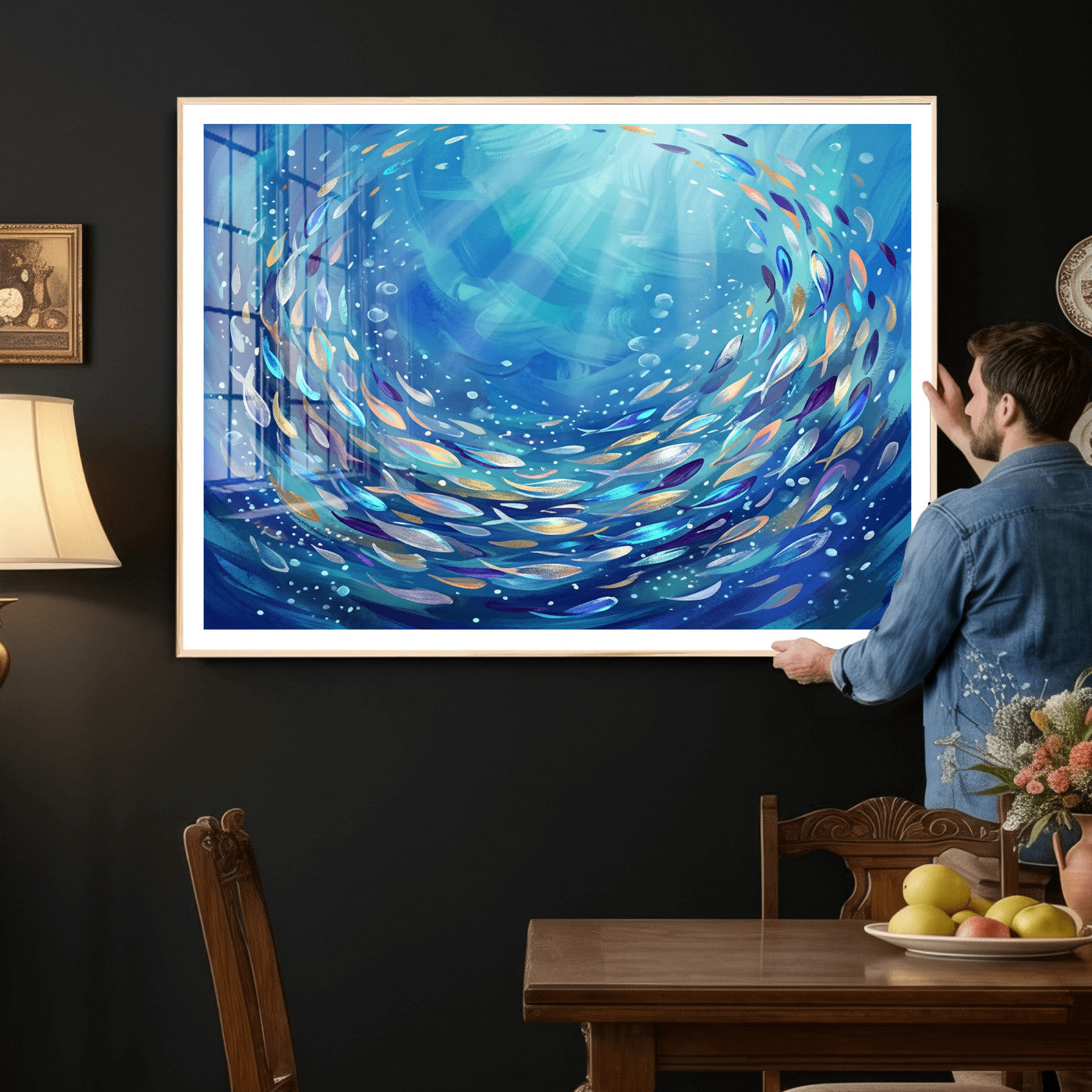 78699899-MGV-CV-36X24 - School of Fish Canvas Print | Blue Ocean Underwater Wall Art | Swirling Fish Shoal Illustration | Marine Navy Coastal Decor