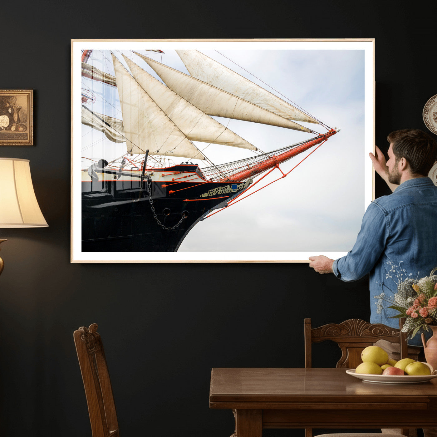 64830036-MGV-CV-36X24 - Sailboat Wall Art Canvas Print, Vintage Ship Bow Framed Artwork, Nautical Sailing Decor for Living Room Office Beach House