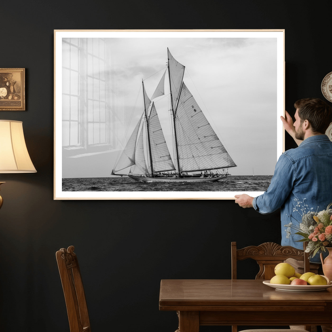 52882918-MGV-CV-36X24 - Vintage Sailboat Wall Art Canvas Print, Black and White Schooner Framed Artwork, Nautical Ocean Sailing Decor for Living Room Office Beach House