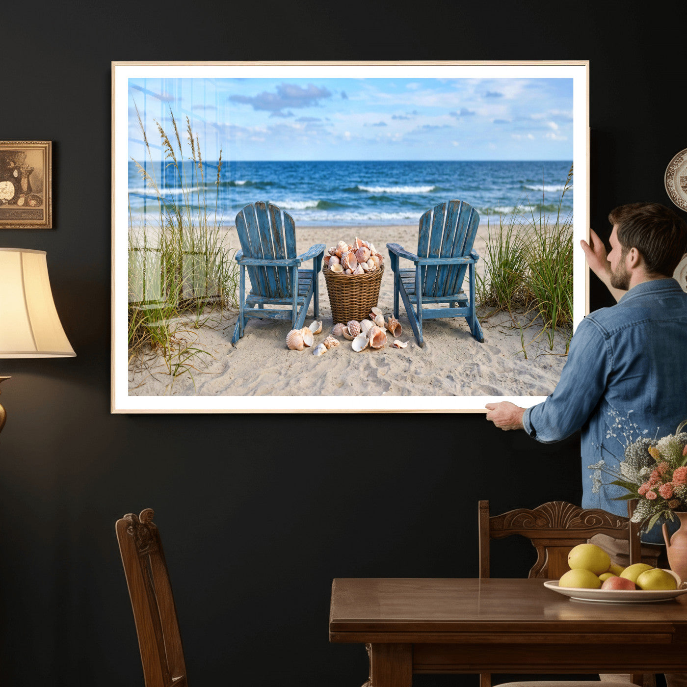 80268829-MGV-CV-36X24 - Large Beach Canvas Wall Art Coastal Adirondack Chairs Ocean Seashells Blue Nautical Framed Large for Living Room Bedroom Bathroom Decor