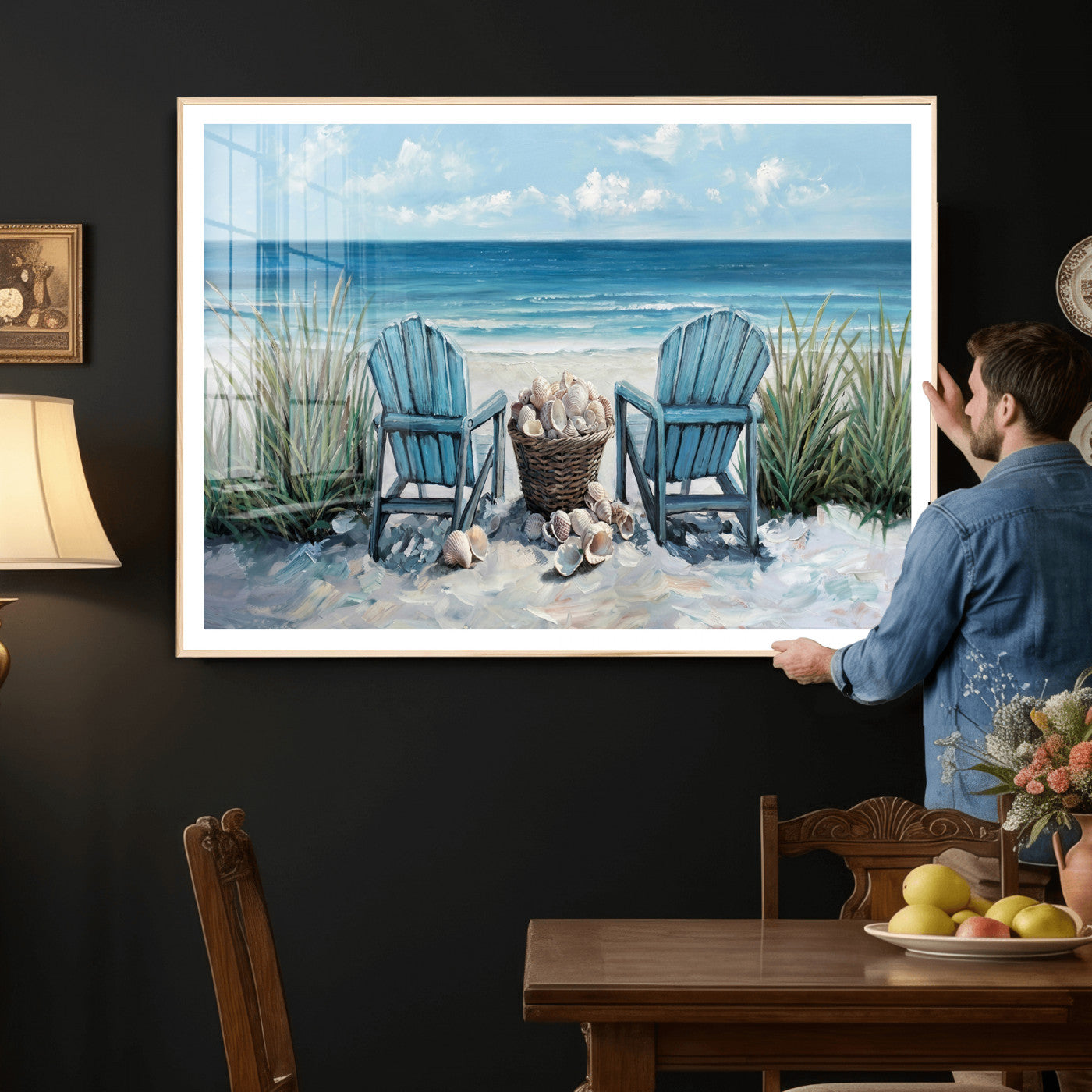 11973028-MGV-CV-36X24 - Beach Canvas Wall Art Coastal Adirondack Chairs Ocean Seashells Blue Nautical Framed Large for Living Room Bedroom Bathroom Decor