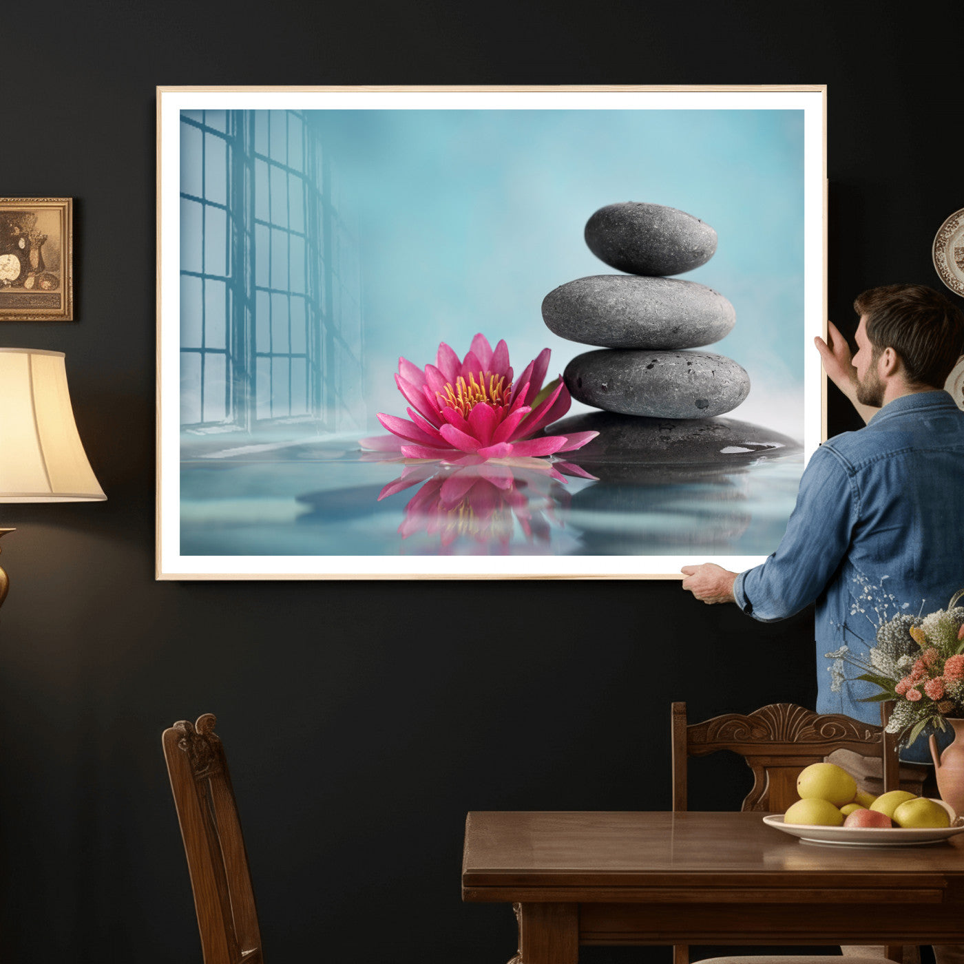 84293154-MGV-CV-36X24 - Zen Canvas Wall Art Lotus Flower Stacked Stones Teal Spa Meditation Relaxation Framed Large for Bathroom Bedroom Living Room Office Decor