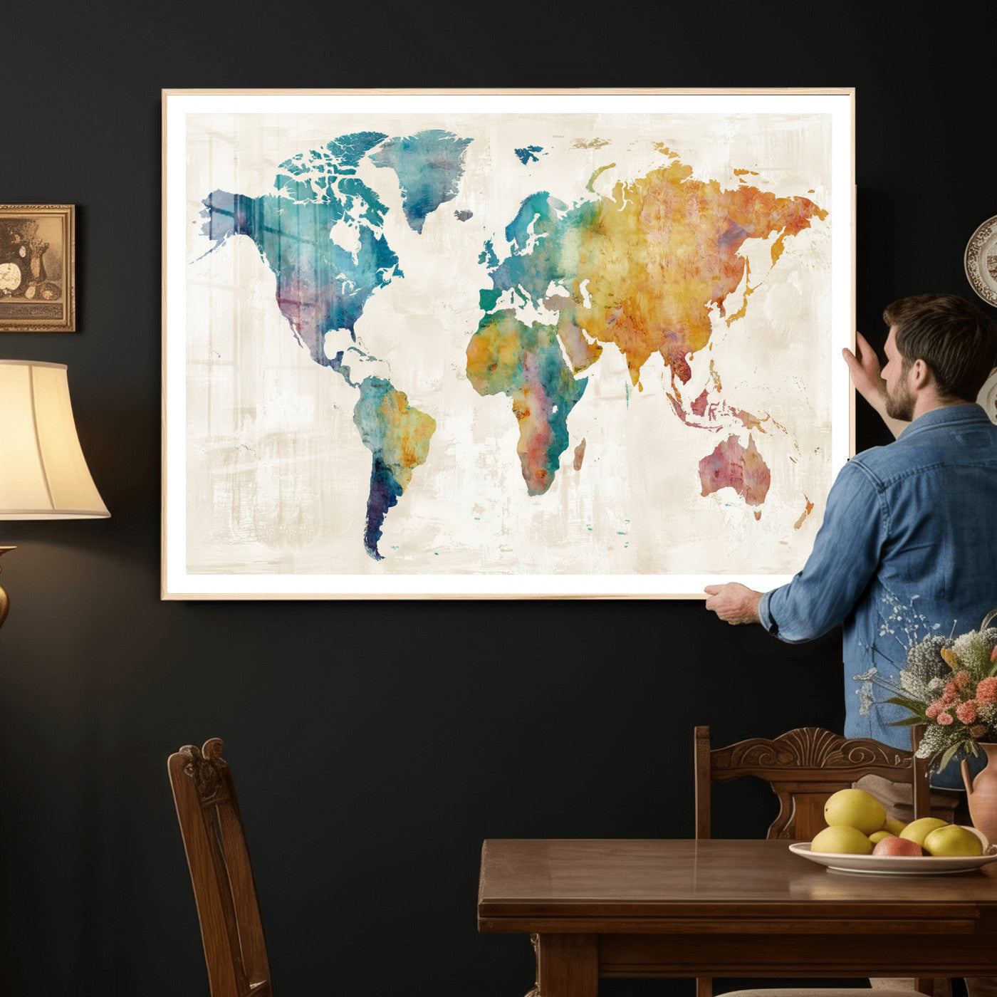 56556018-MGV-CV-36X24 - Watercolor World Map Canvas Wall Art Print – Abstract Colorful Travel Wall Decor