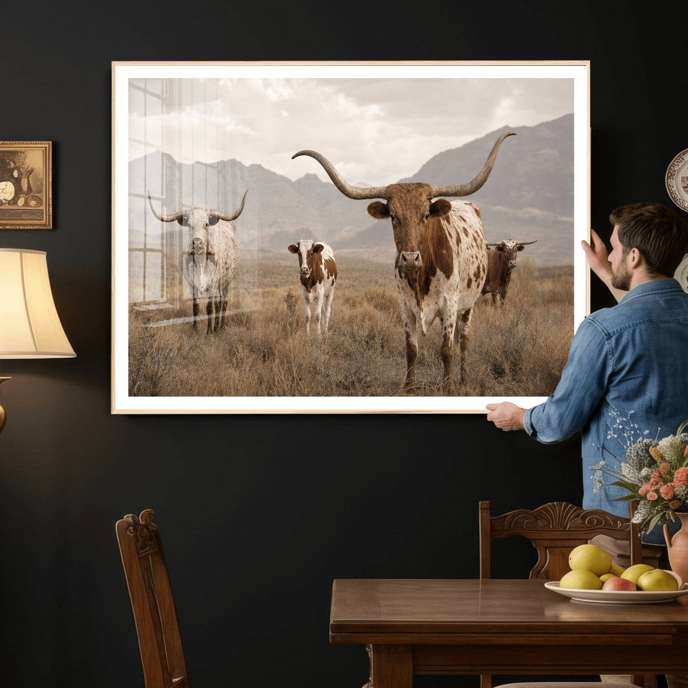62336425AD-MGV-CV-36X24 - Rustic Texas Longhorn Cow Canvas Wall Art Print, Rustic Farm Animal Photography Print, Farmhouse Country Decor, Western Ranch Art