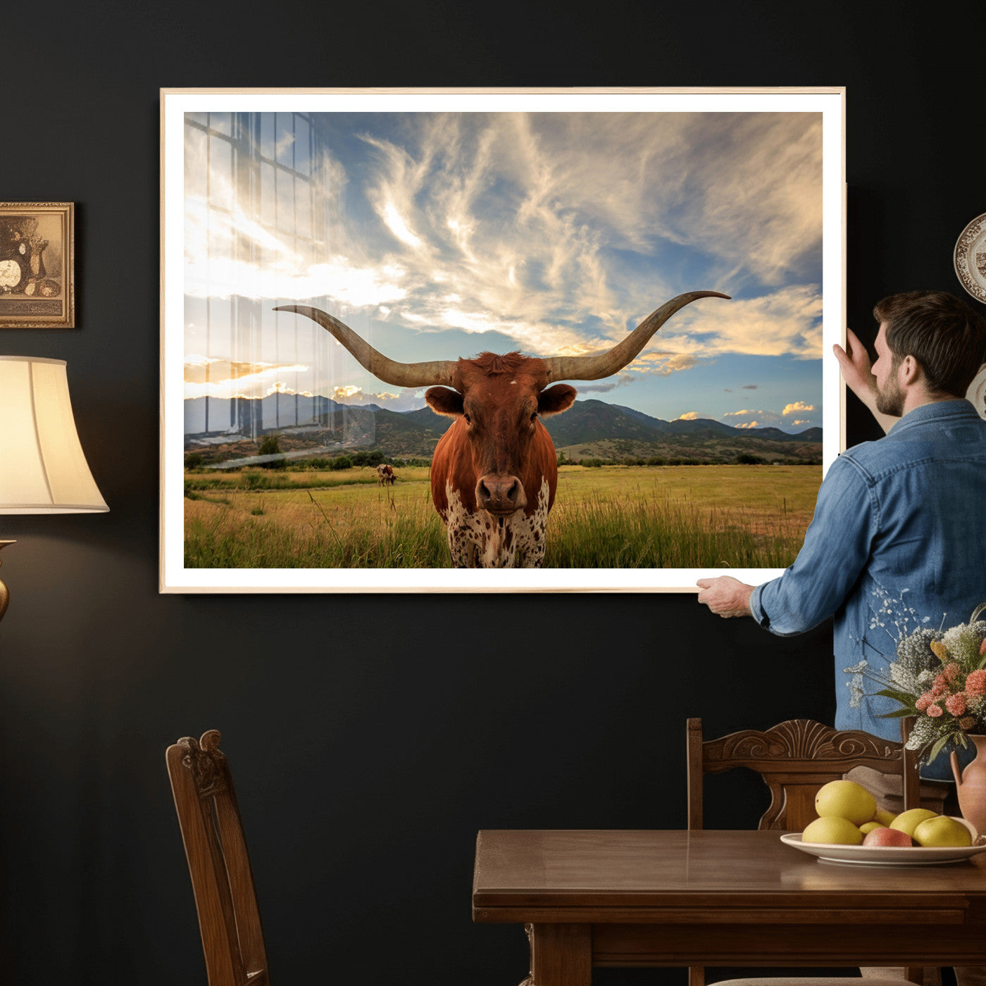 55416-MGV-CV-36X24 - Texas Longhorn Canvas Wall Art – Majestic Triptych Animal Print – Rustic Western Decor for Living Room