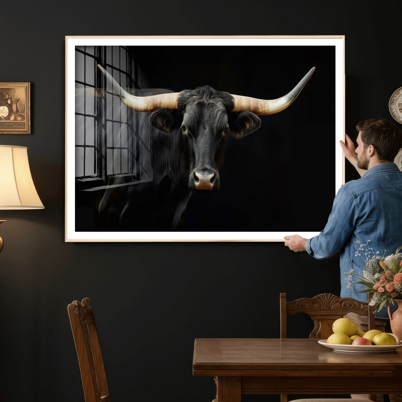 63798-MGV-CV-36X24 - Texas Longhorn Cow | Majestic Black Bull Wall Art Canvas Print - Farmhouse Animal Decor - Ready to
