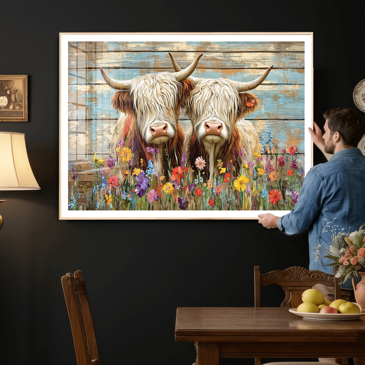 36972-MGV-CV-36X24 - Cute Highland Cow Canvas Wall Art - Rustic Farmhouse Decor with Colorful Flowers Perfect Wall Art