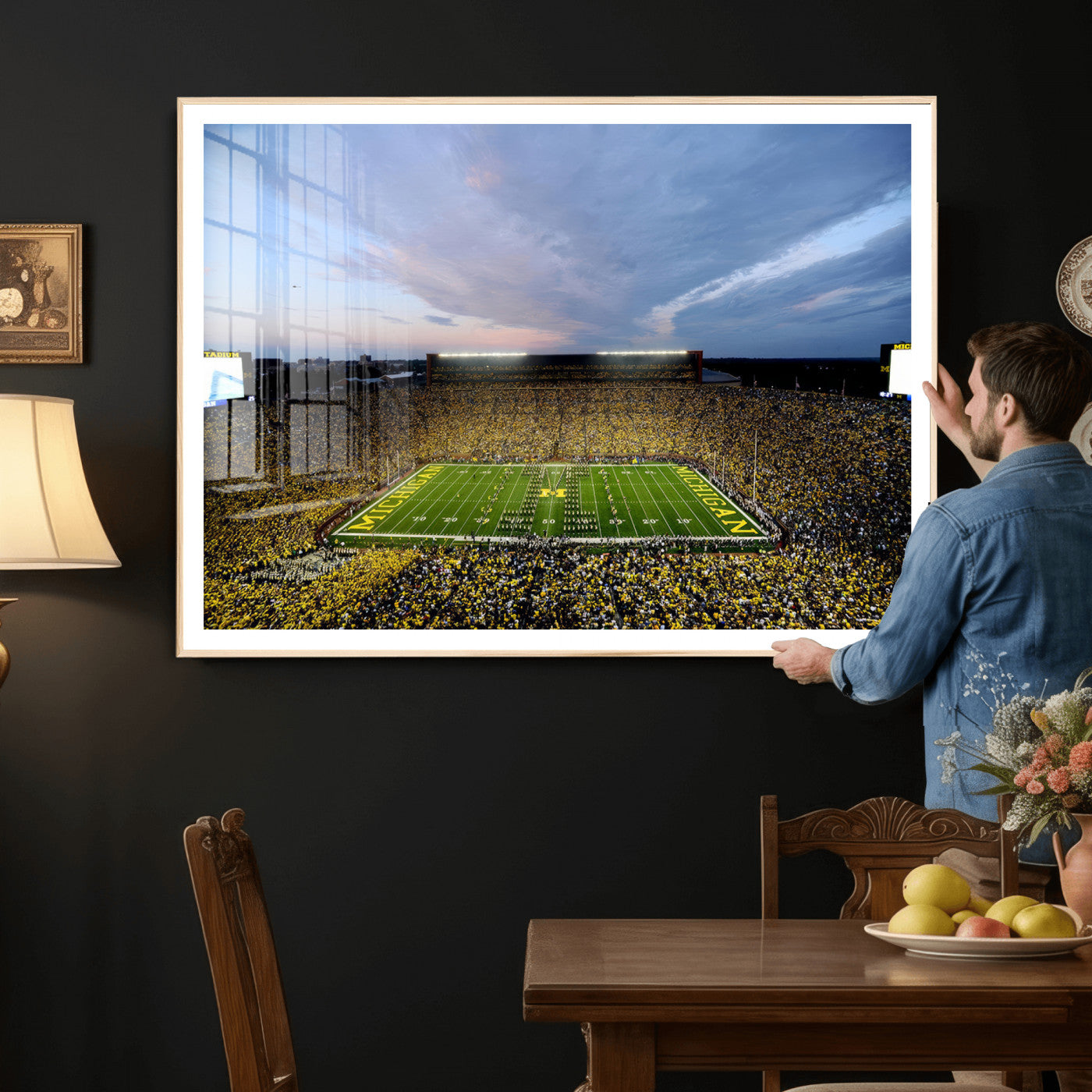 82641-MGV-CV-36X24 - Michigan Stadium Wall Art Canvas Print, Vibrant Game Day Crowd and Sunset Sky Football Field Artwork for Home, Office